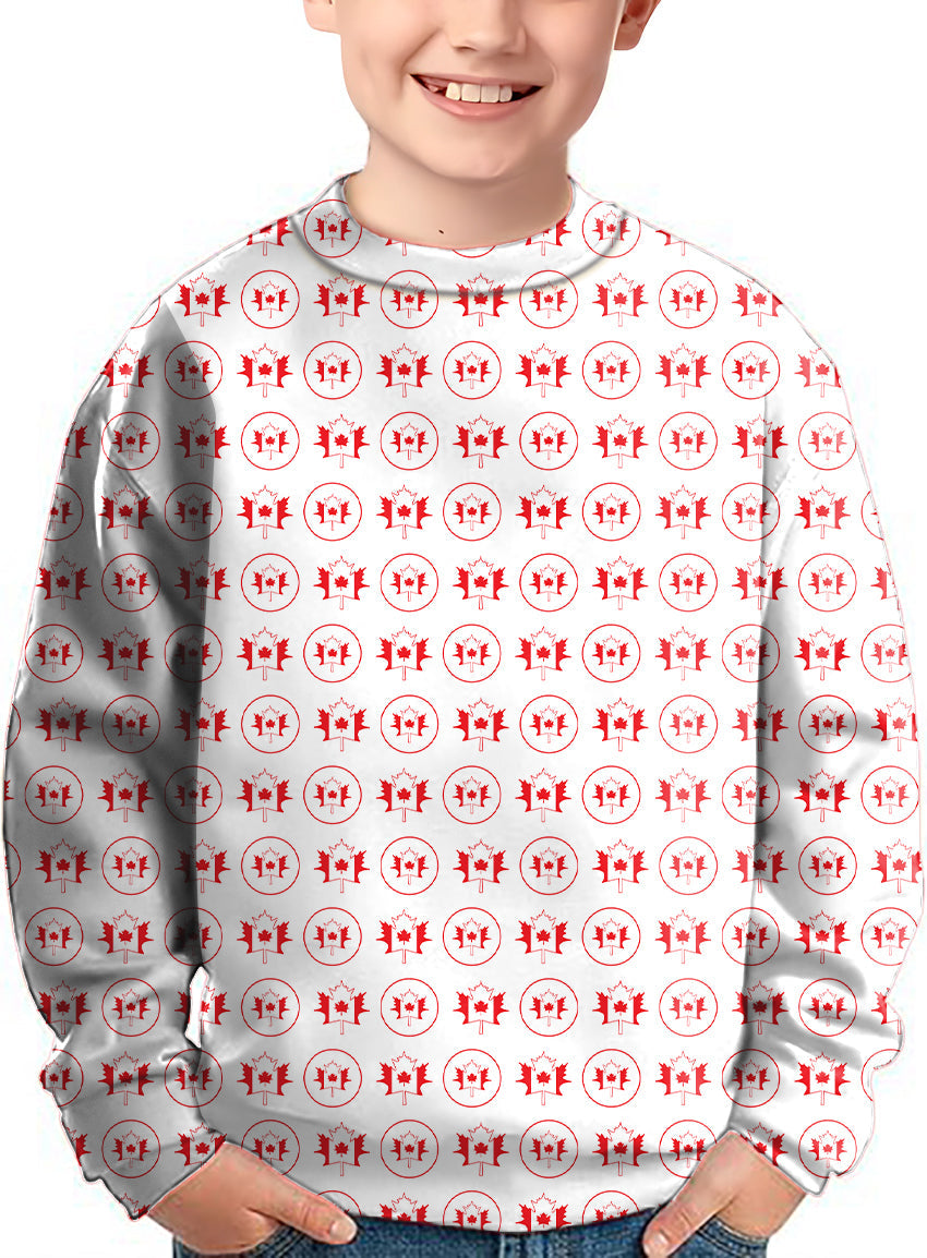 Circle Canada Maple Leaves kids crewneck pullover with red maple leaf and circle pattern ugly sweater design