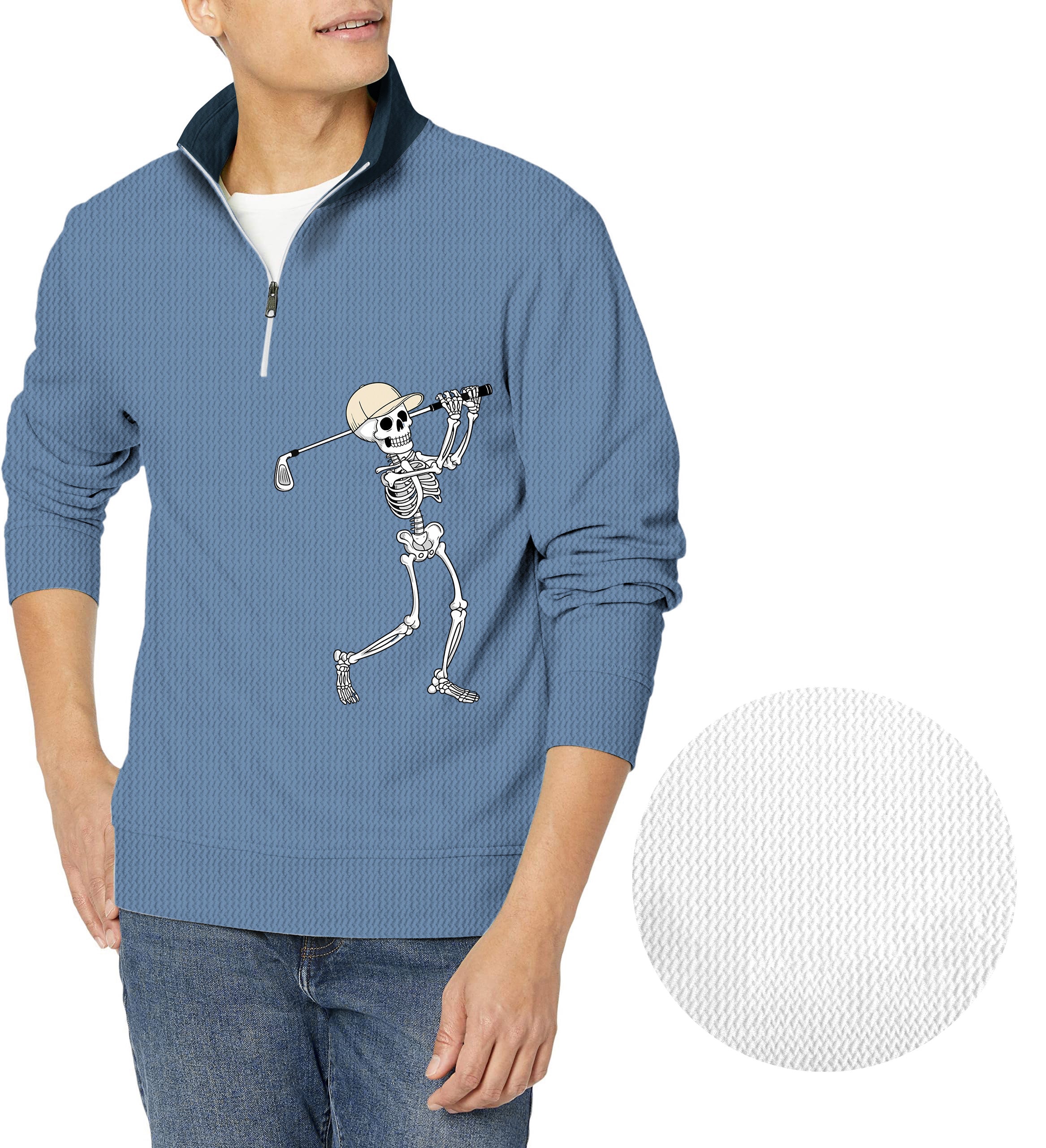 White Blue Halloween Skeleton Golf Men's Golf Waffle Zipper Pullover