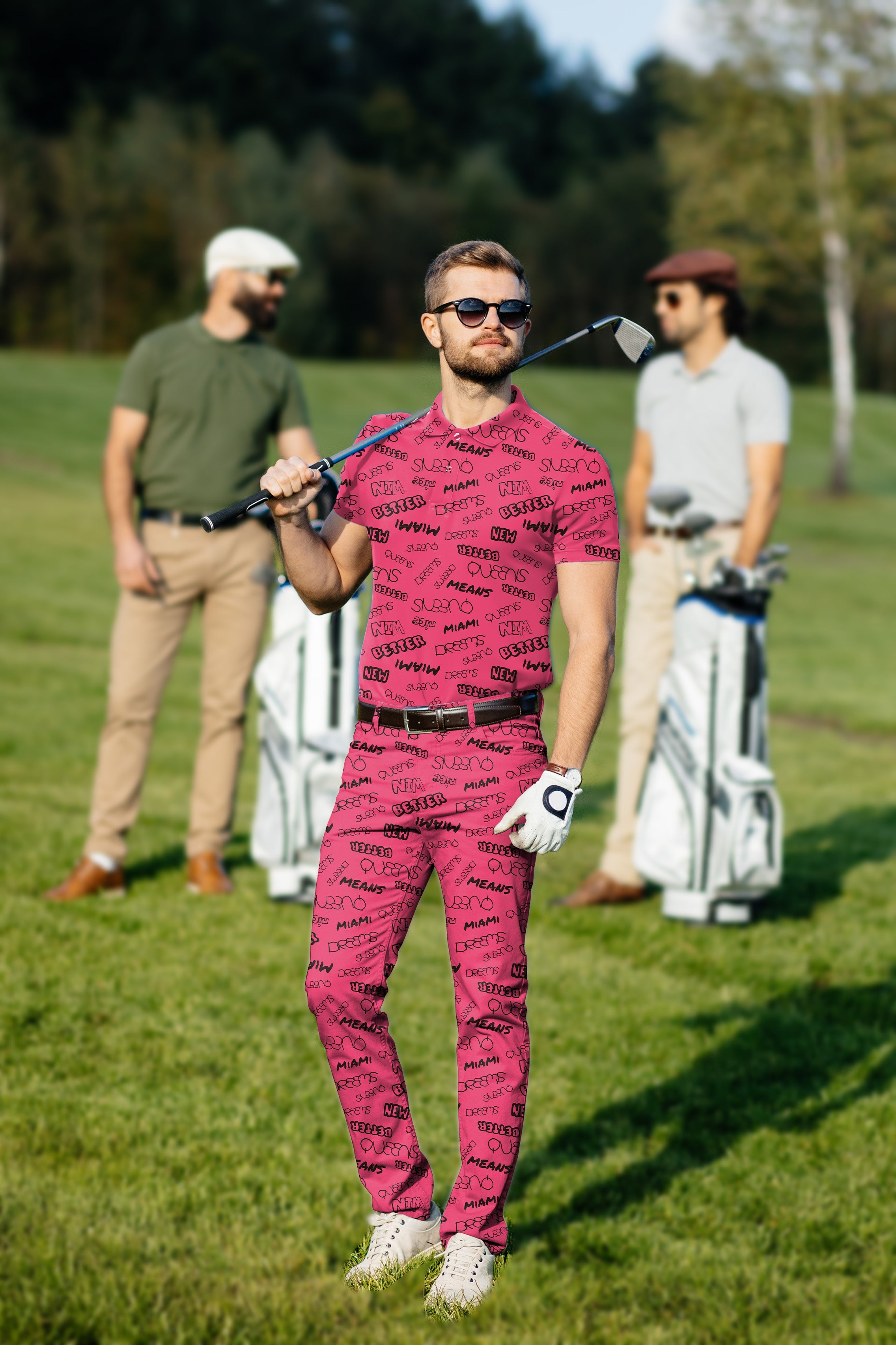 Men's golf set featuring customizable pink polo and pants with four-way stretch and moisture-wicking fabric