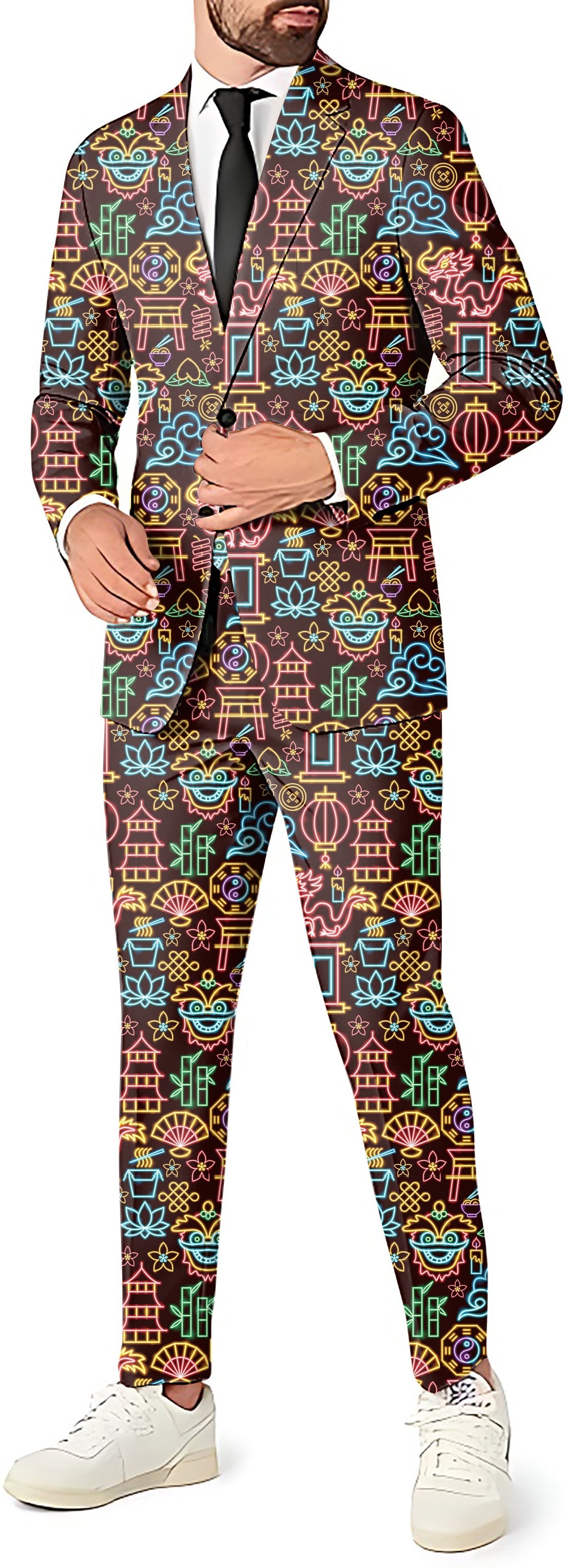 Neon Chinese New Year men's party costume blazer pants and vest set with colorful festive patterns