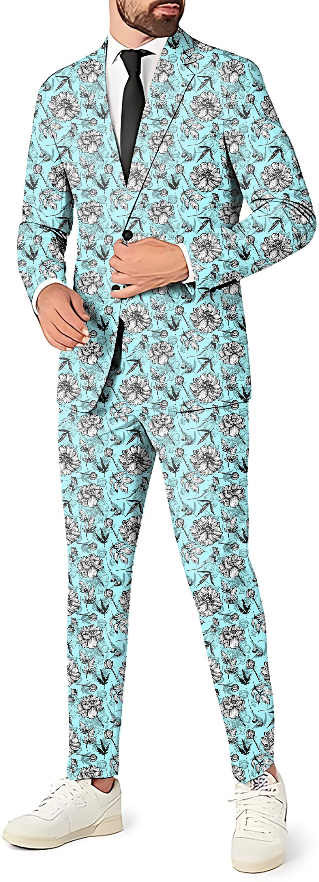 Blue Tropics men's party suit with blazer, pants, and vest in tropical floral print