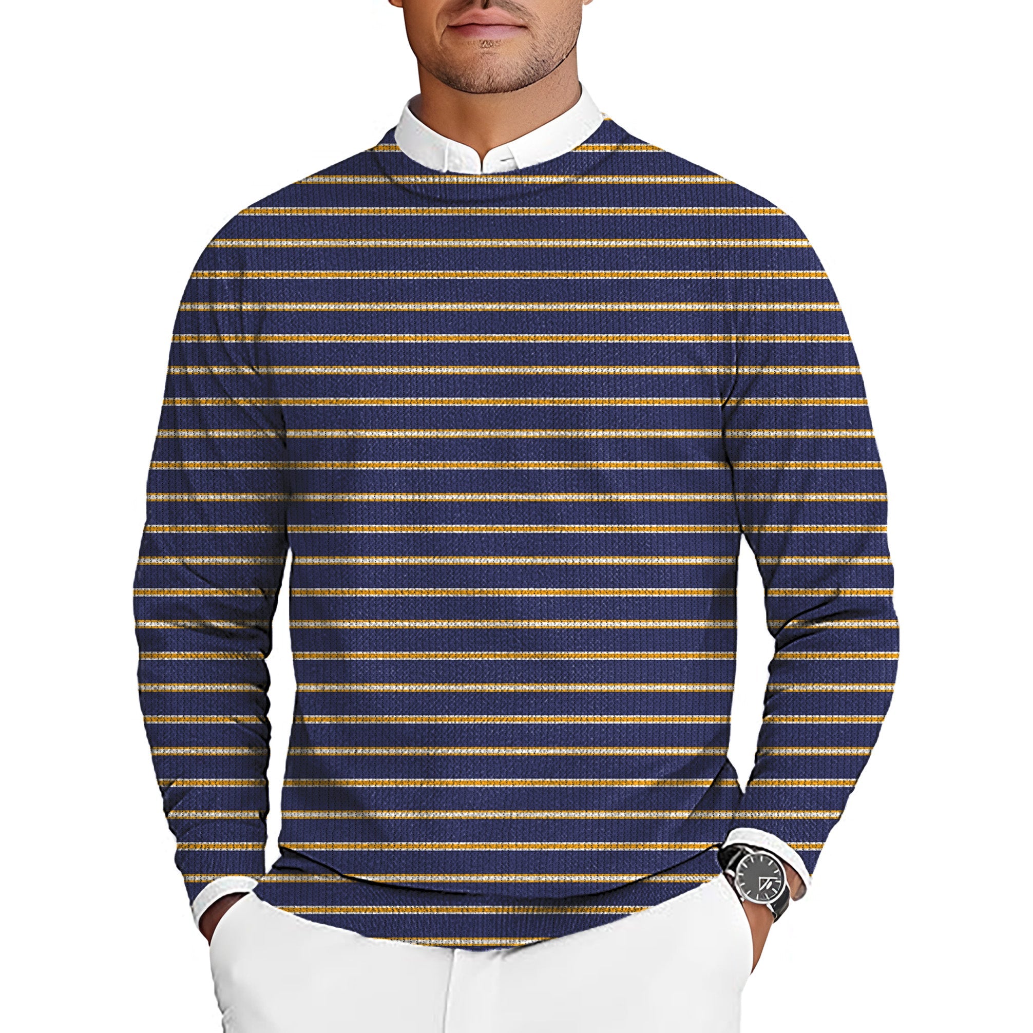 Navy blue and orange striped men's golf crewneck pullover sweater with long sleeves