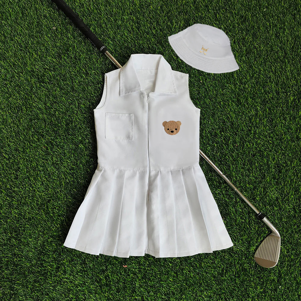 Personalized Golf Toddler Caddy Dress Infant Golf White Outfit Baby Golf 1st Birthday Dress Machine Embroidered Golf Dress Children's Jumpsuit With Hat