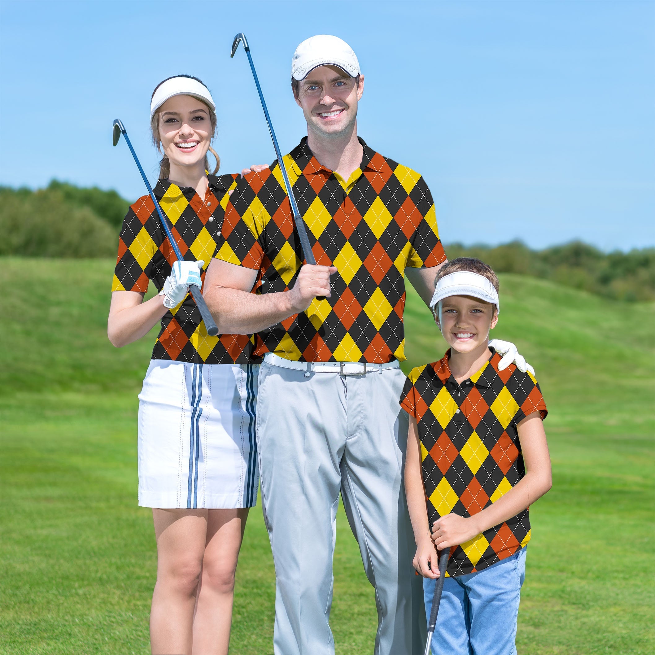 family wearing red Argyle set golf shirts on golf course