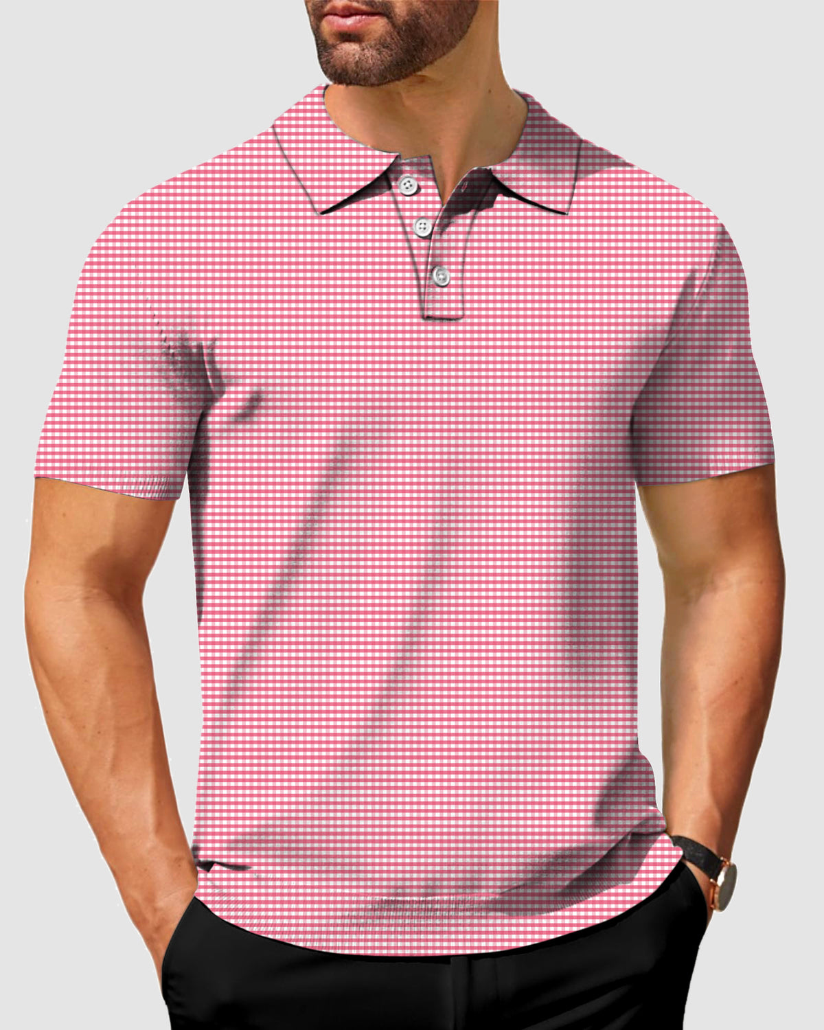 Men's Pink striped and checkered squares Polo