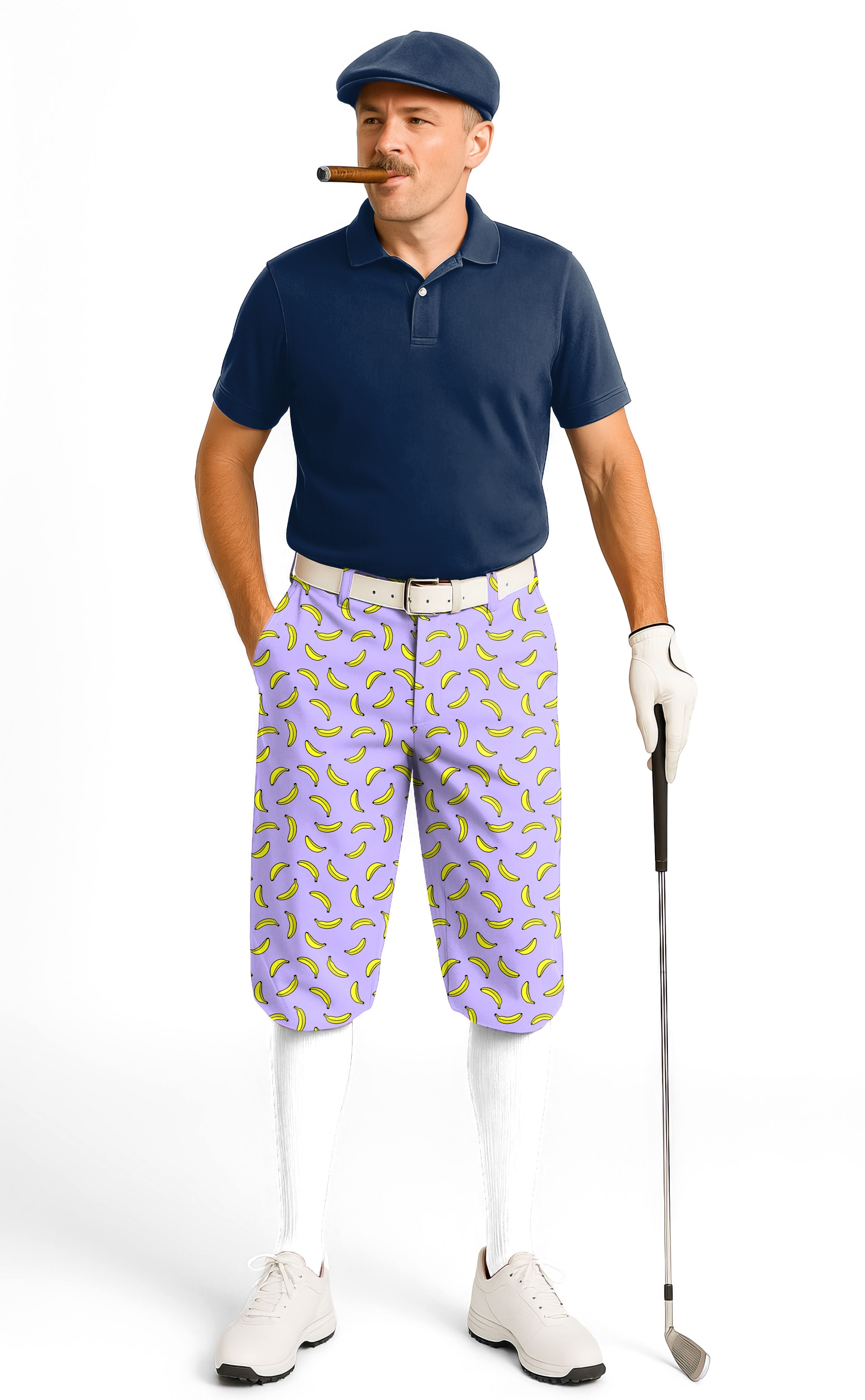 Man wearing Taro Purple Banana men's golf knickers with adjustable waist and snug ankle cuffs