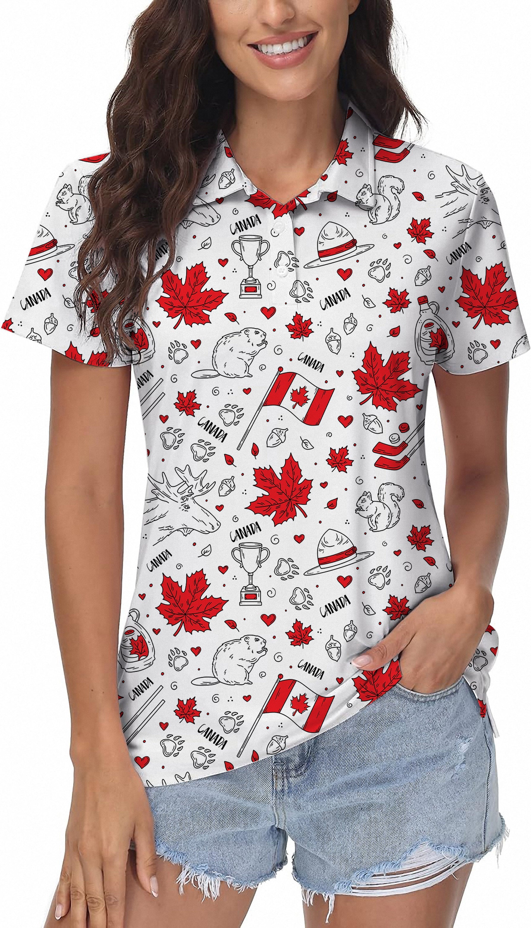 Canadian Balloon Squirrel women's golf polo shirt with maple leaves and Canada-themed print