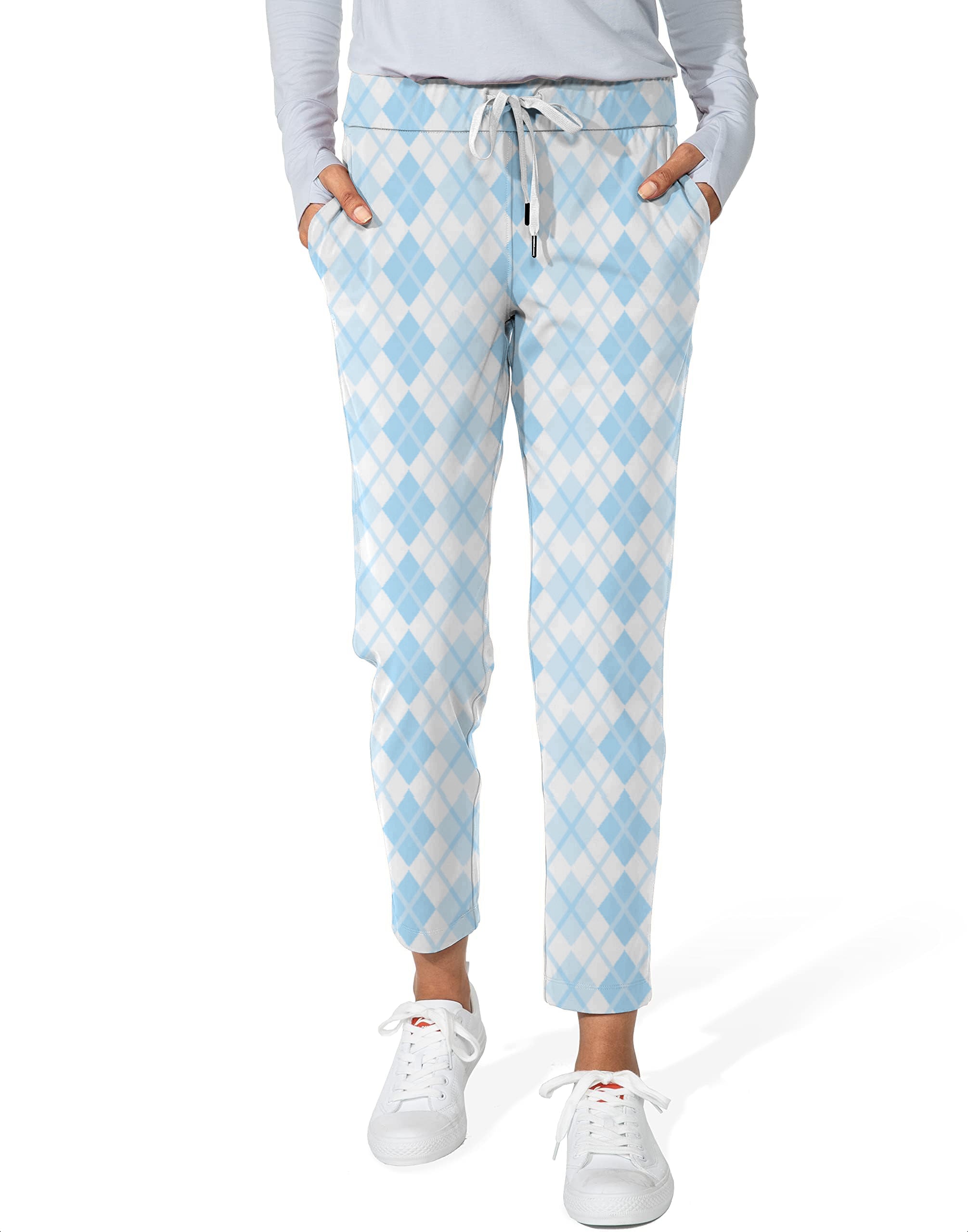 Women's Argyle blue grid 7/8 stretch ankle golf pants with drawstring waist