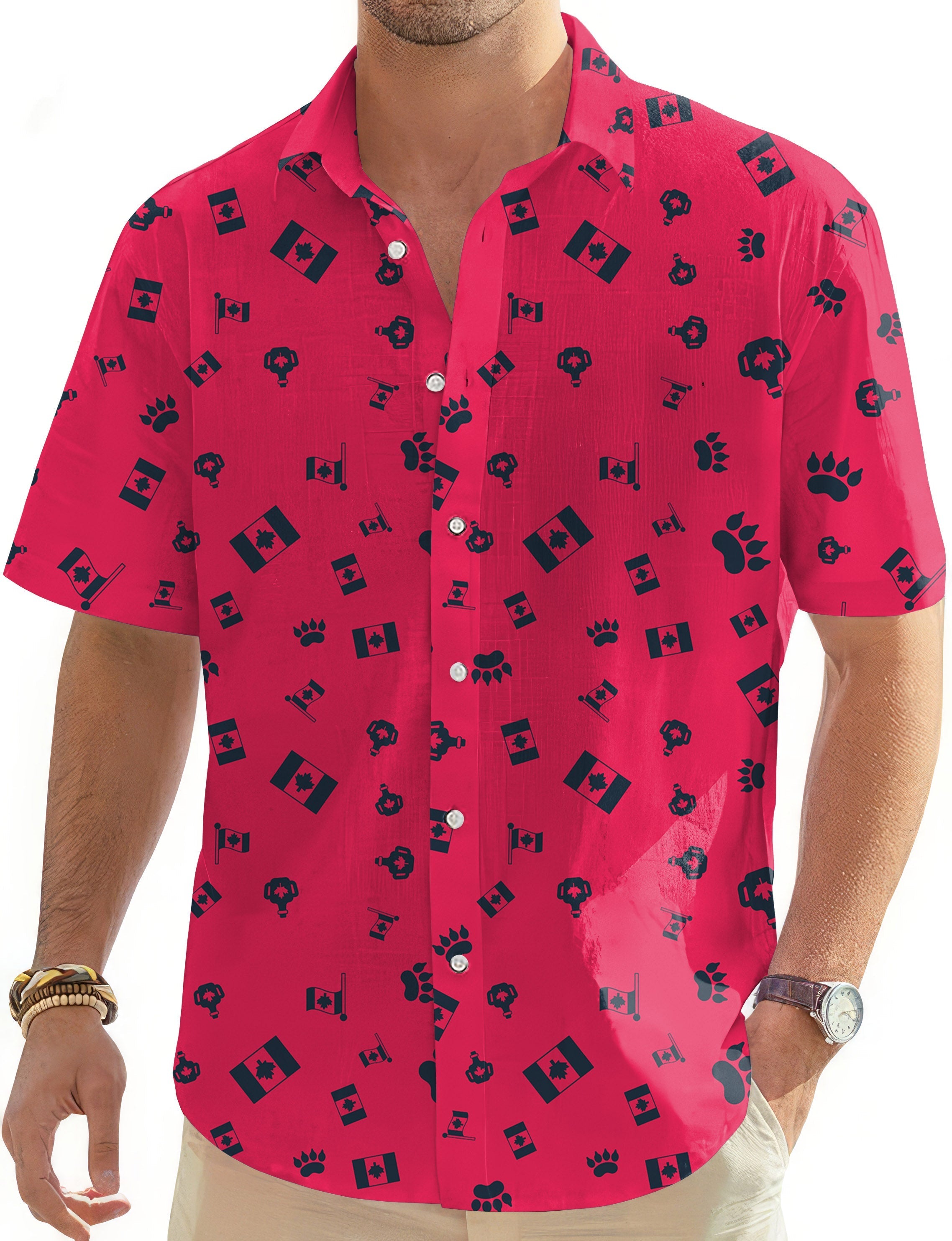 Men's Canadian Flag Paw print red Hawaiian golf shirt with button-down design