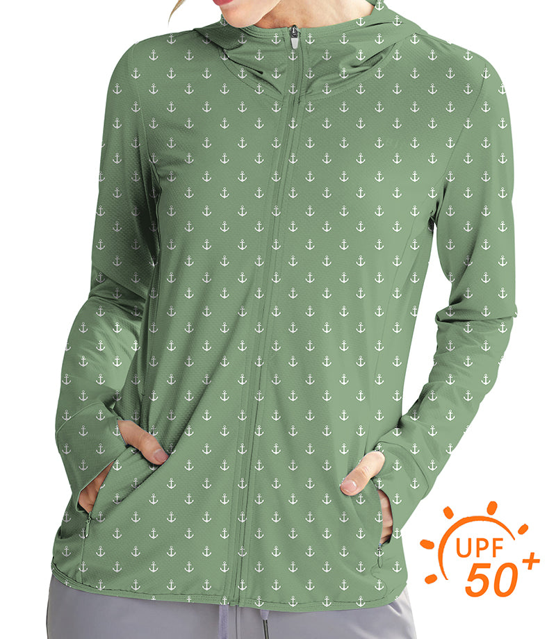 Women's outdoor grass green slim fit zip hoodie with anchor print and UPF 50+ sun protection for golf and outdoor activities