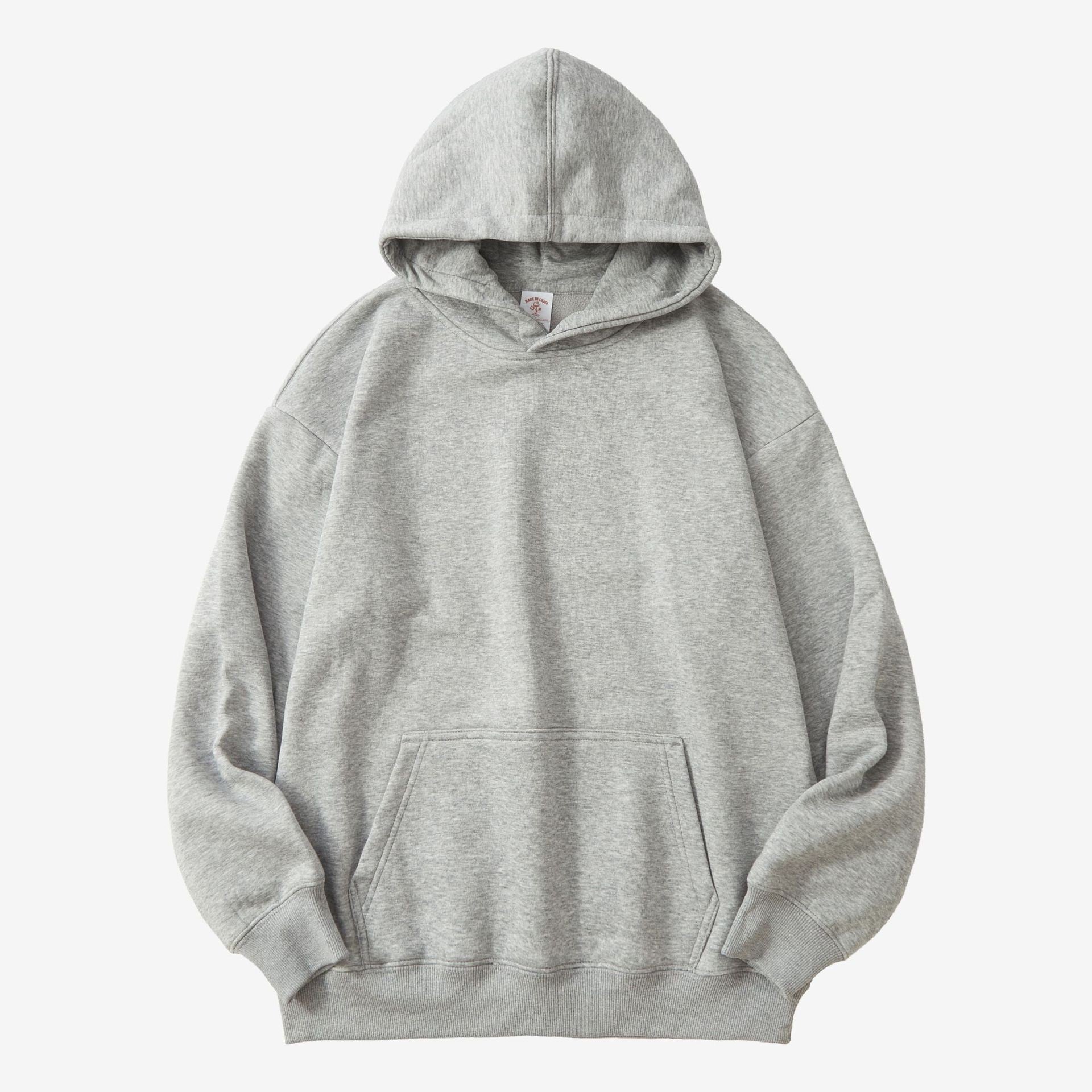 Solid color plus size gray hoodie with front pouch pocket and three-panel hood
