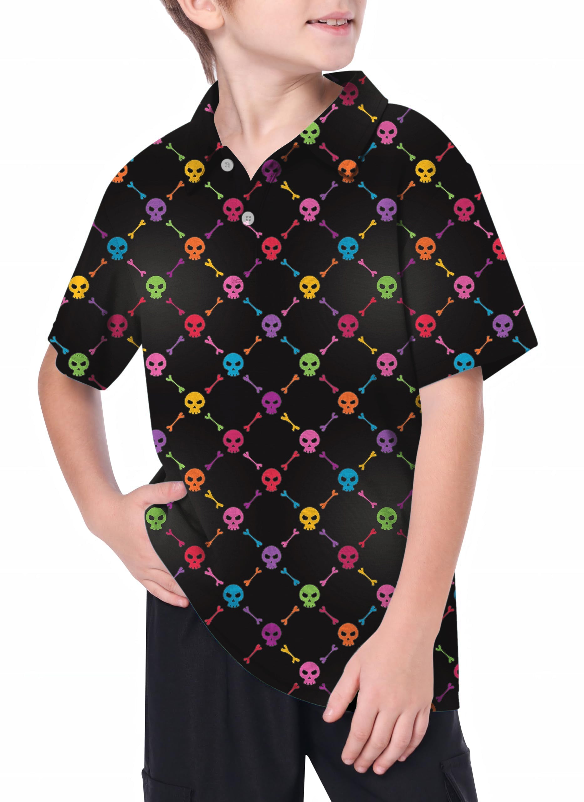 Youth Halloween Colors skull and bones golf polo shirt with multi-colored skull pattern on black background worn by child