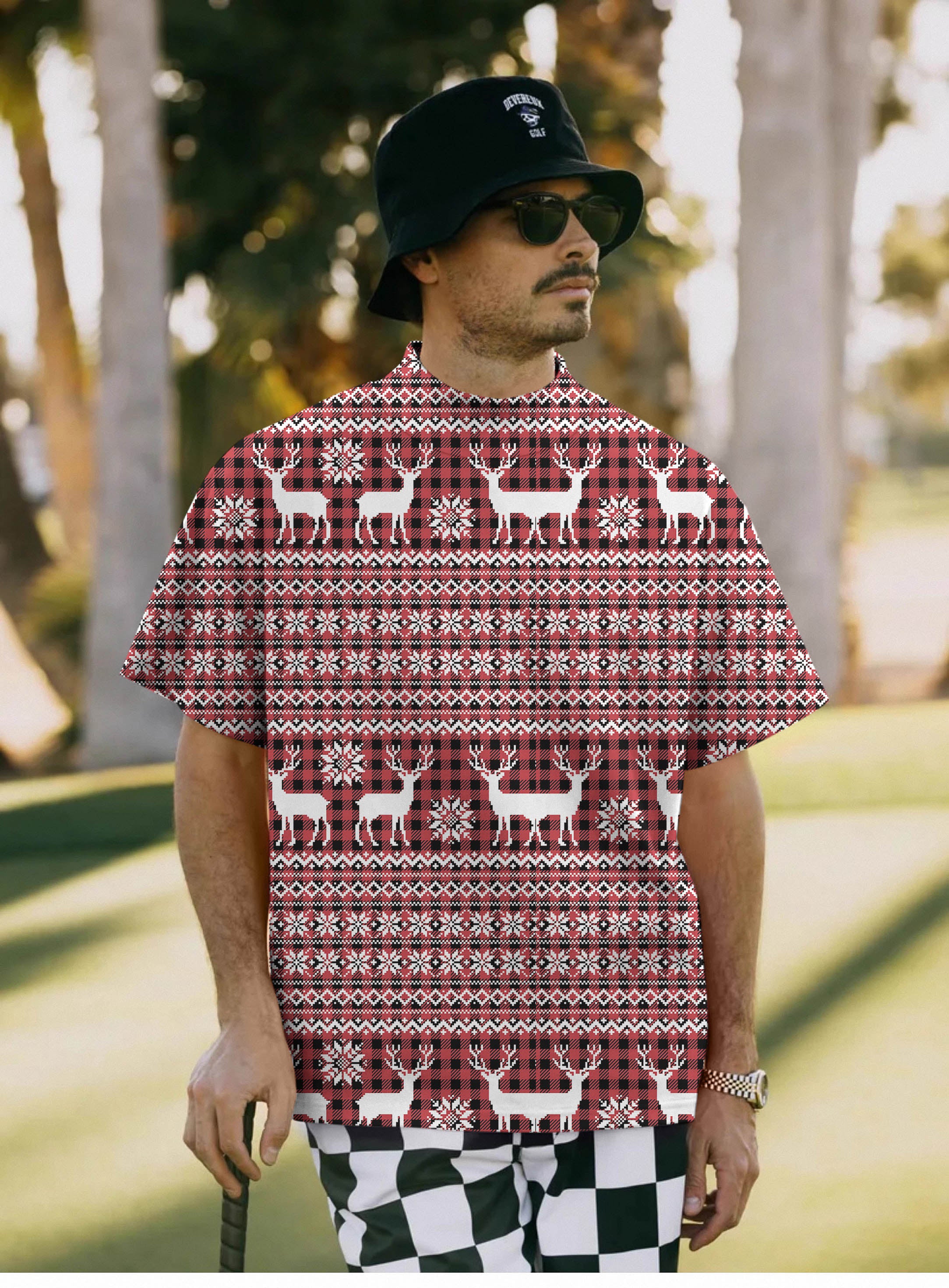 Men's Red Elk deer Christmas Pullover High neck Long/Short sleeve T-Shirt