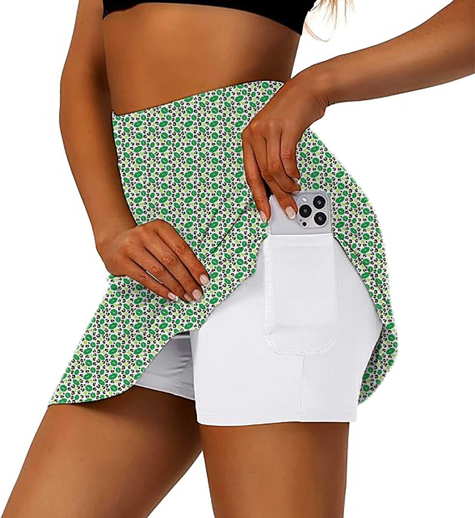 Green leopard kiss women's athletic golf skorts with side phone pocket and flared skirt design for St. Patrick's Day