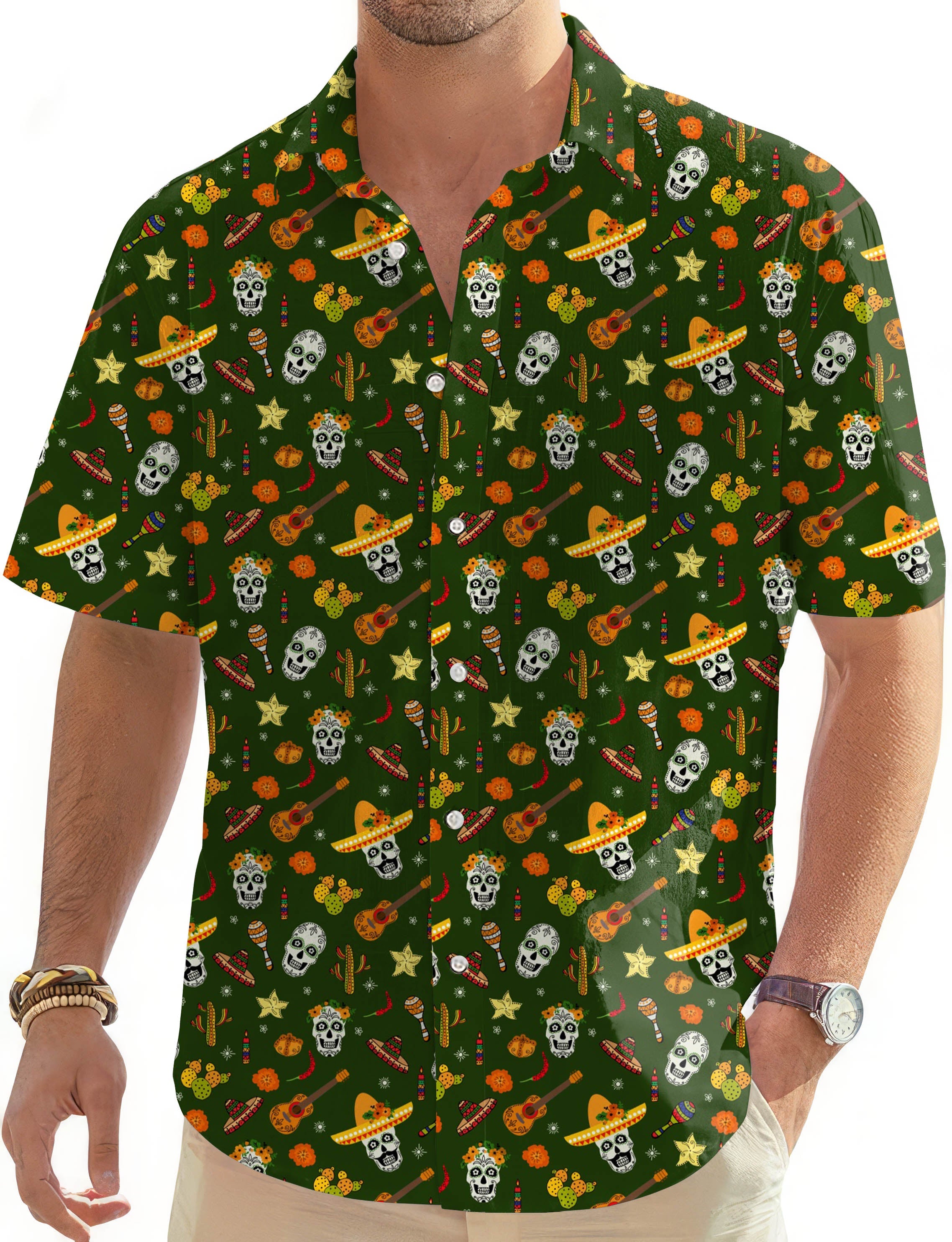Men's Hawaiian shirt with enthusiastic skull pattern, button-down, short sleeve, green background