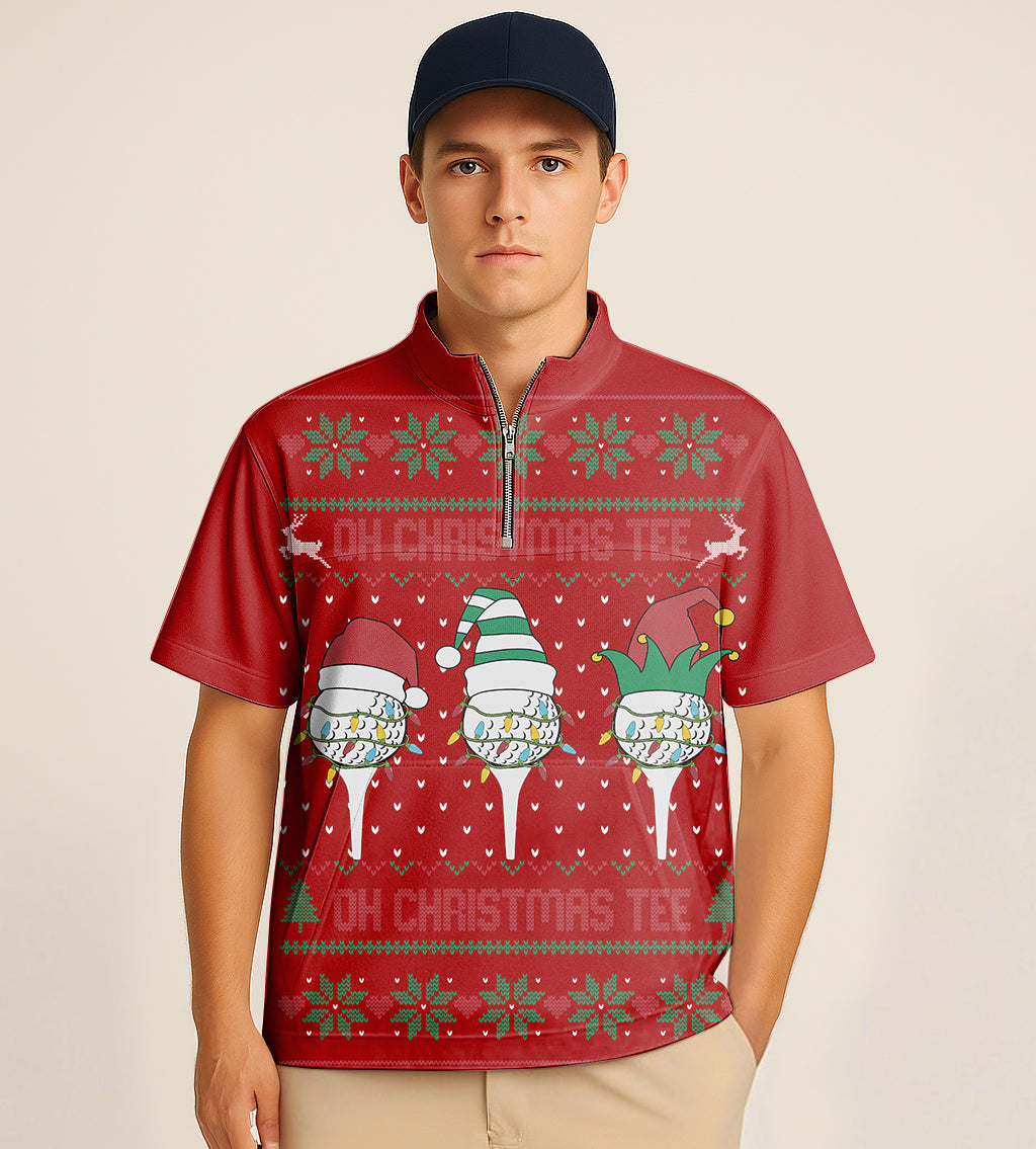 Men's red half zipper turtleneck golf shirt with Christmas custom face embroidery and holiday design