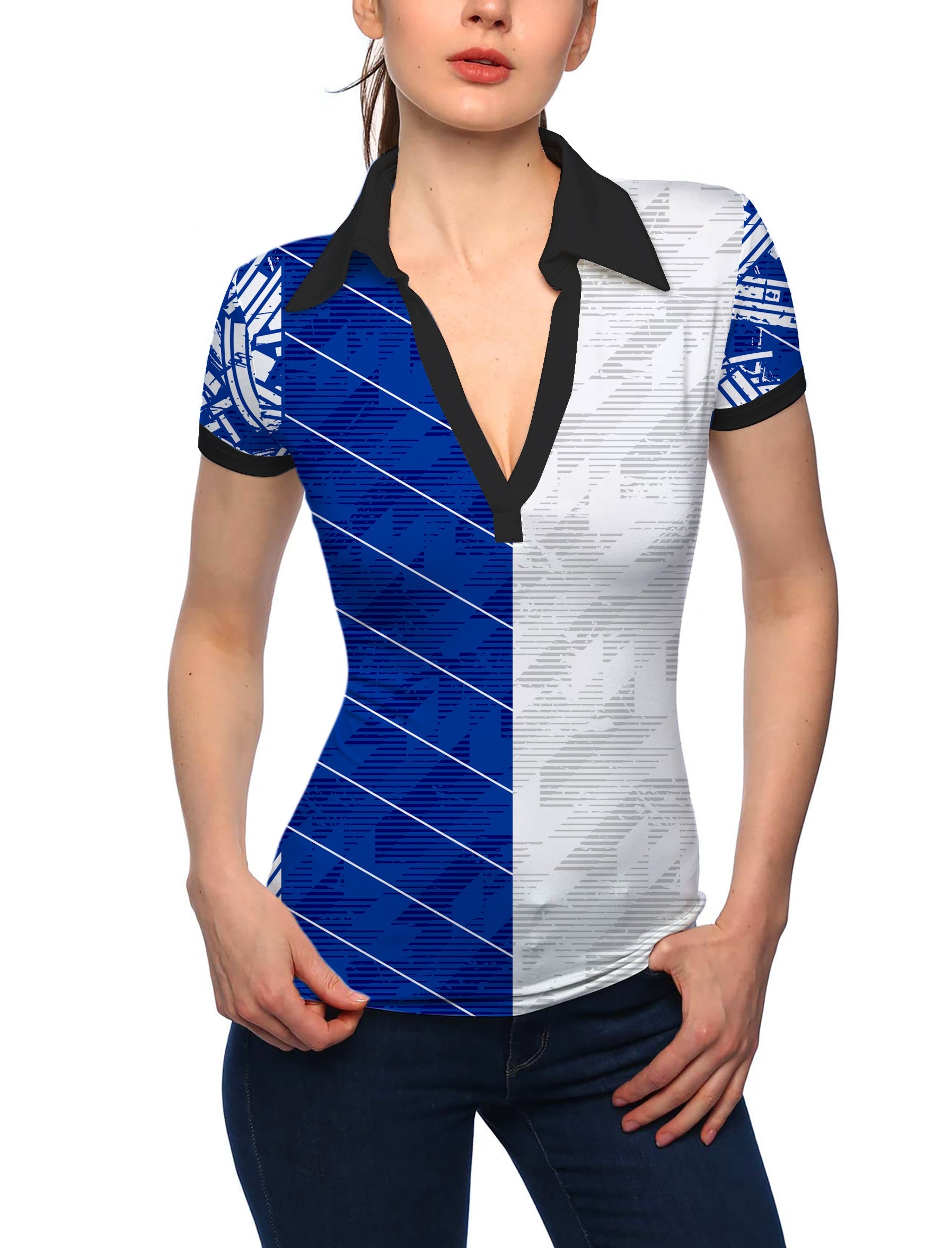 Women’s blue stitching V-neck sport team competition golf polo shirt with stand collar and short sleeves