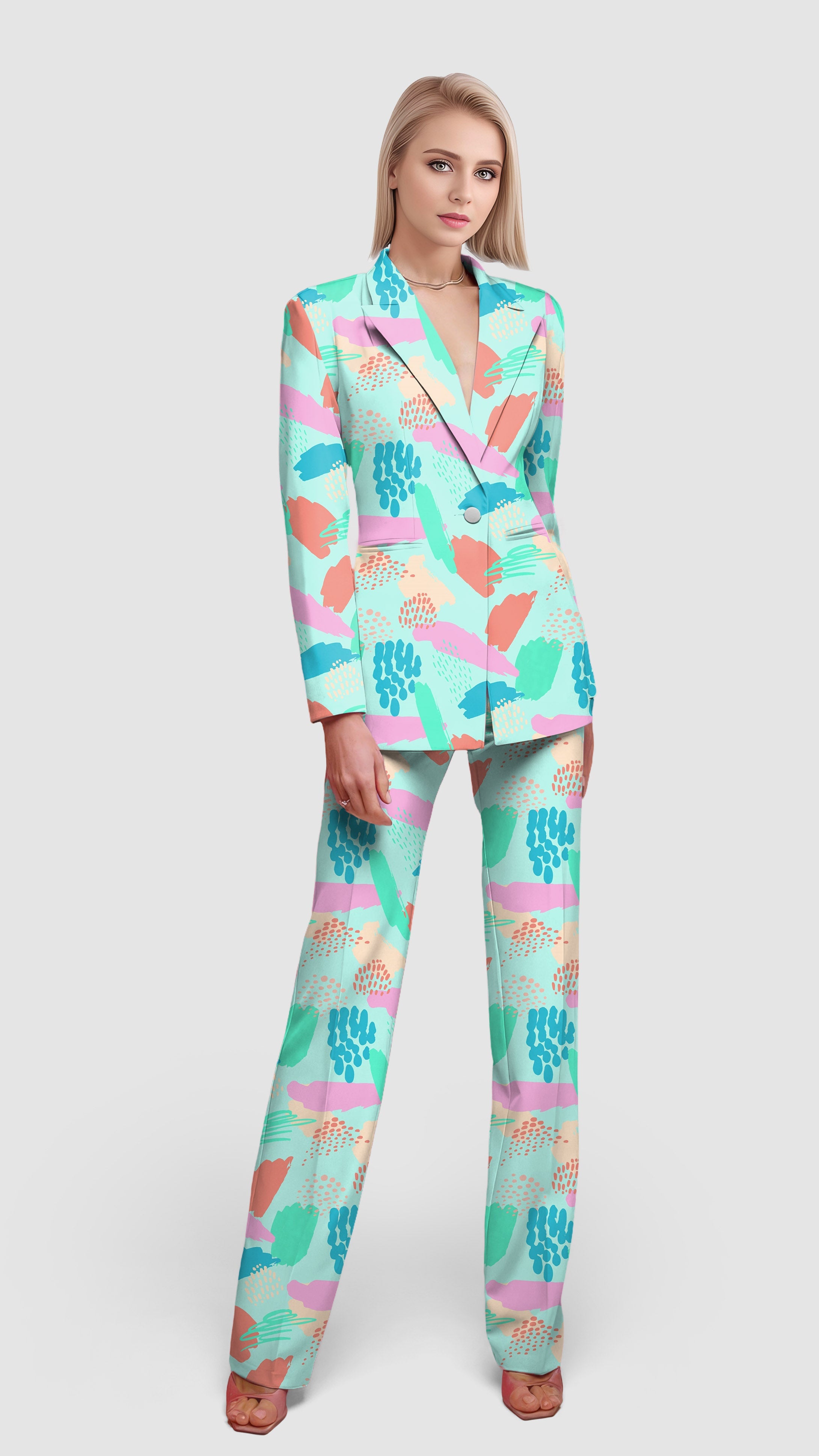 Graffiti-Women's blazer suit set with colorful abstract print, casual work office style, lapel collar, single button, and flap pockets.