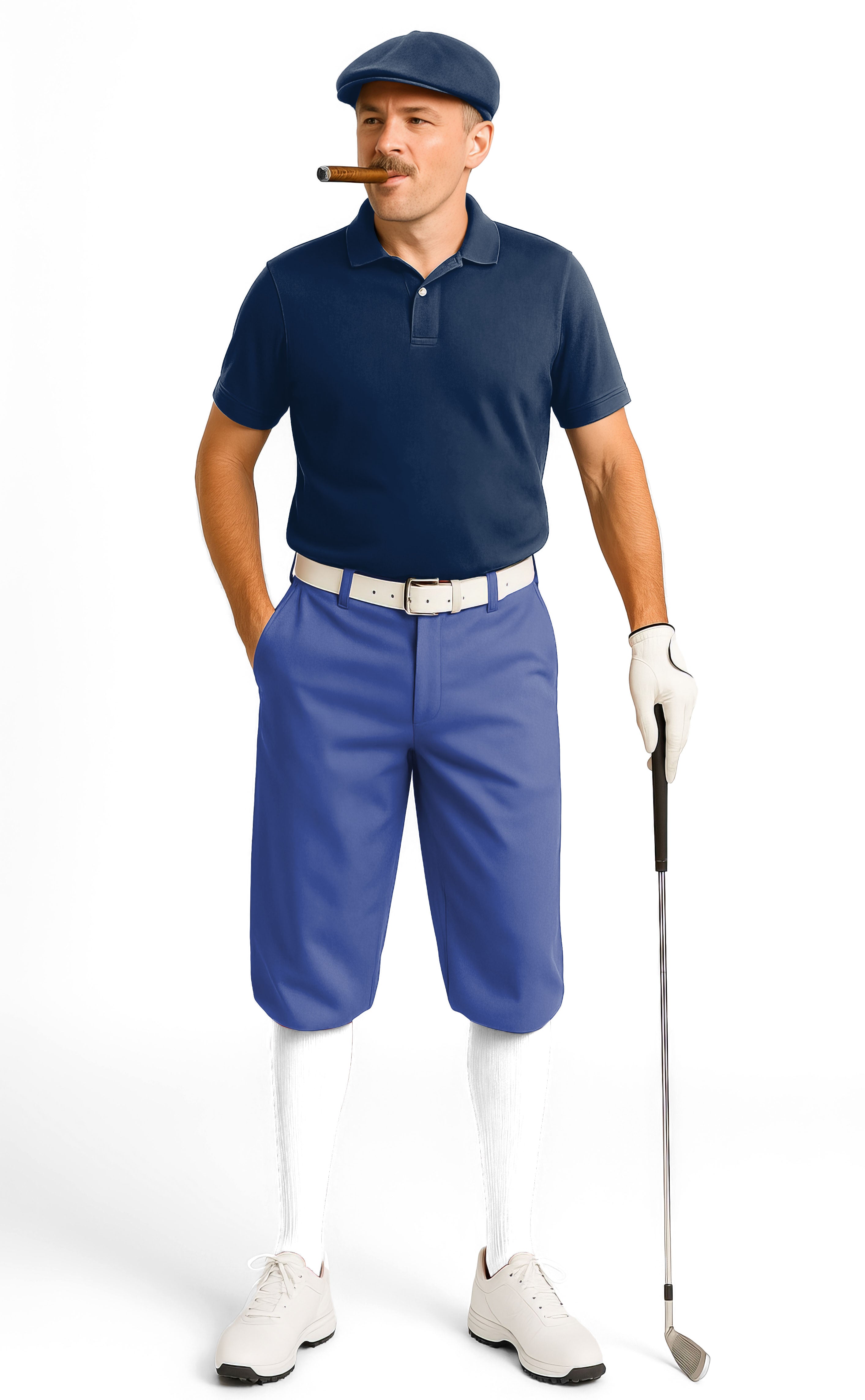 Blue-Royal Blue Men's Golf Knickers pants worn by golfer with navy polo and cap
