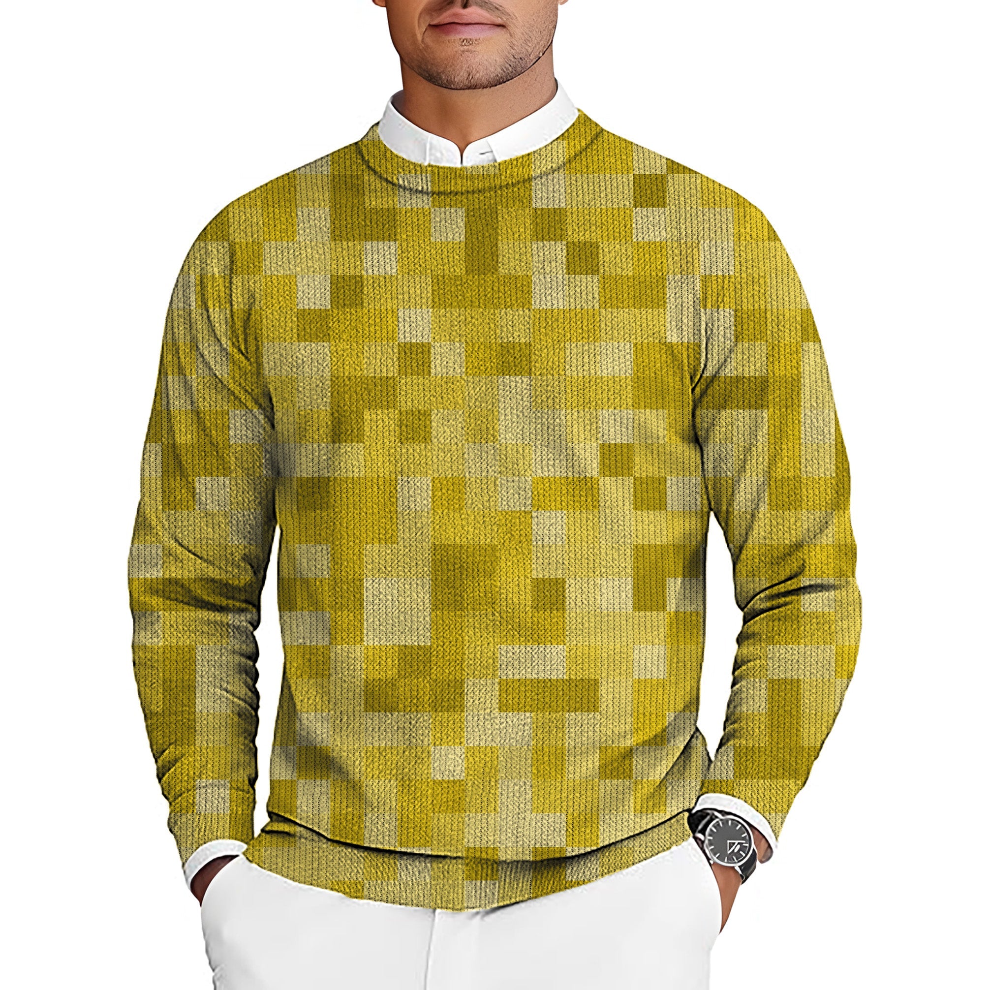 Yellow Pixel Big Men's golf crewneck pullover sweater with pixel design