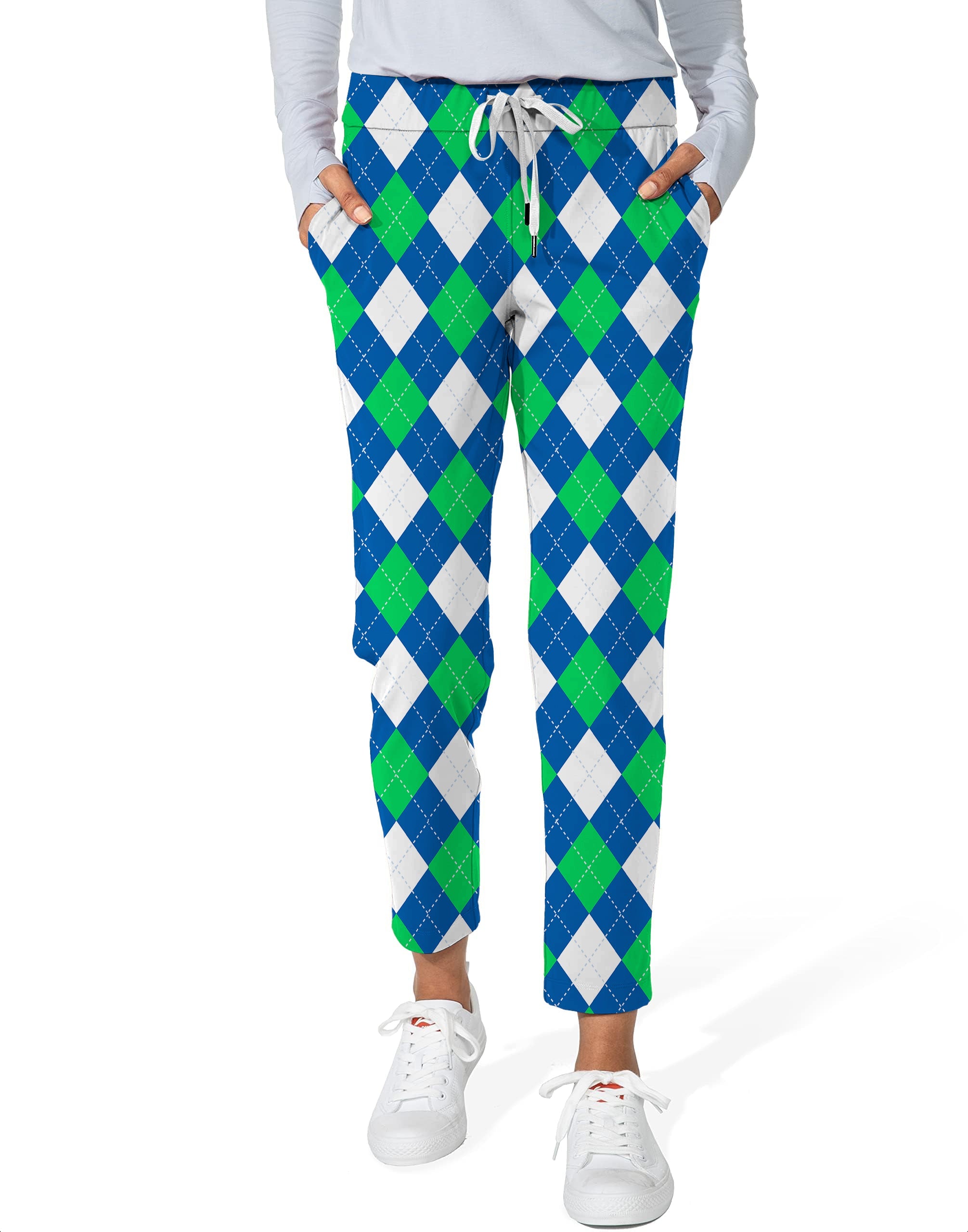 Argyle green blue women's 7/8 stretch ankle golf pants with customizable design