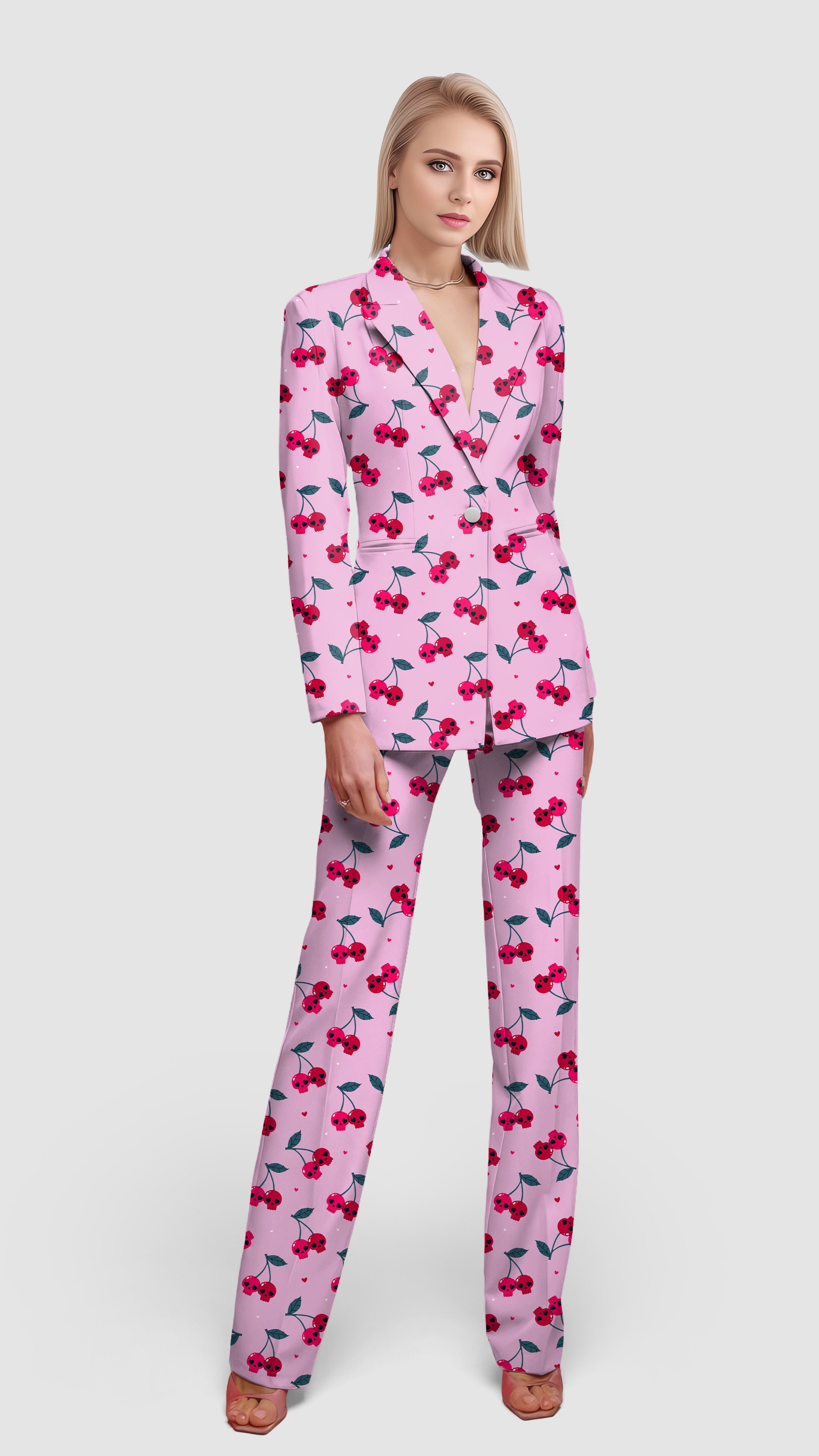 Halloween Cherry Skull women's pink blazer and pants suit set with cherry pattern, casual work office style