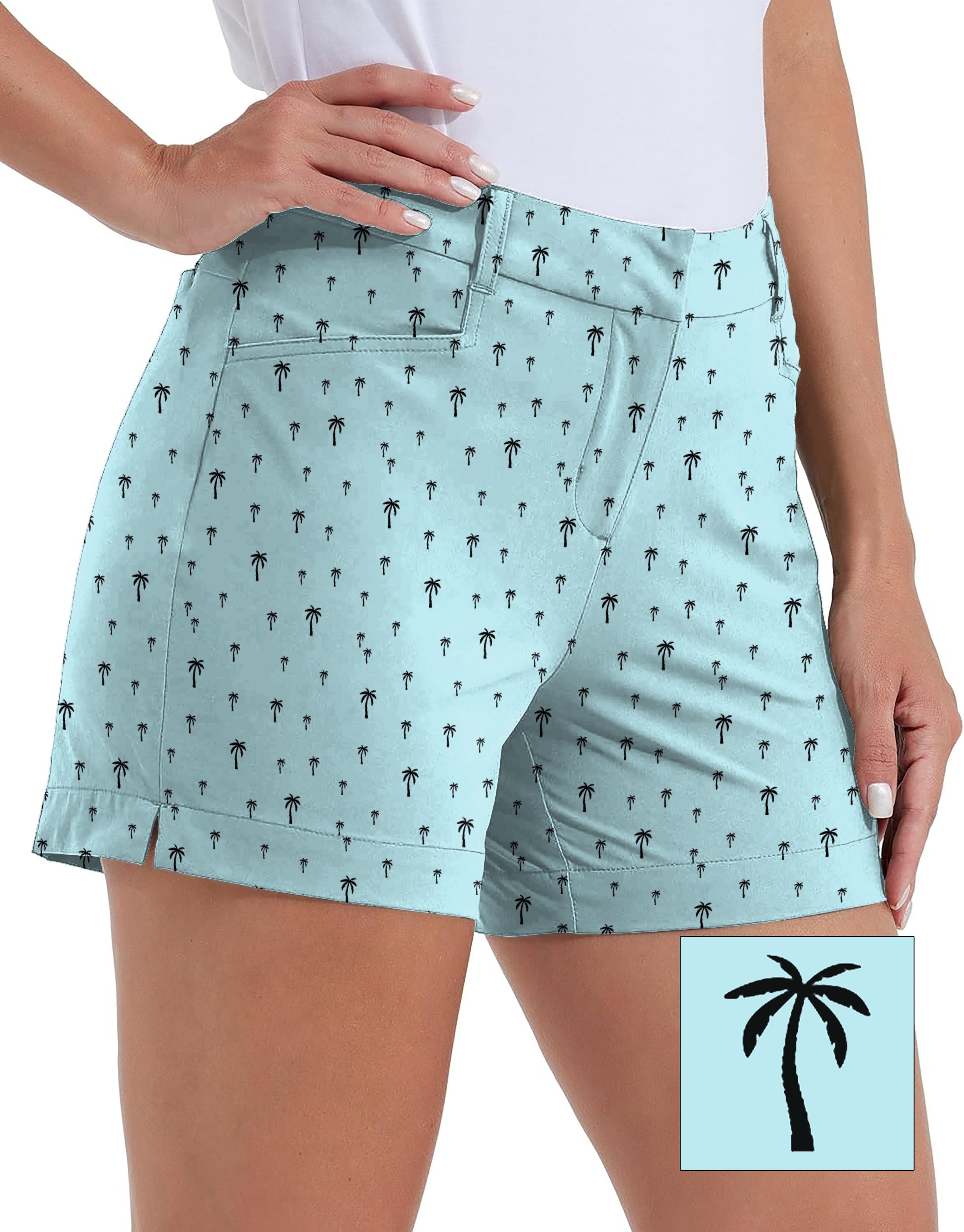 light blue Polo women's golf shorts with palm print and quick-drying fabric