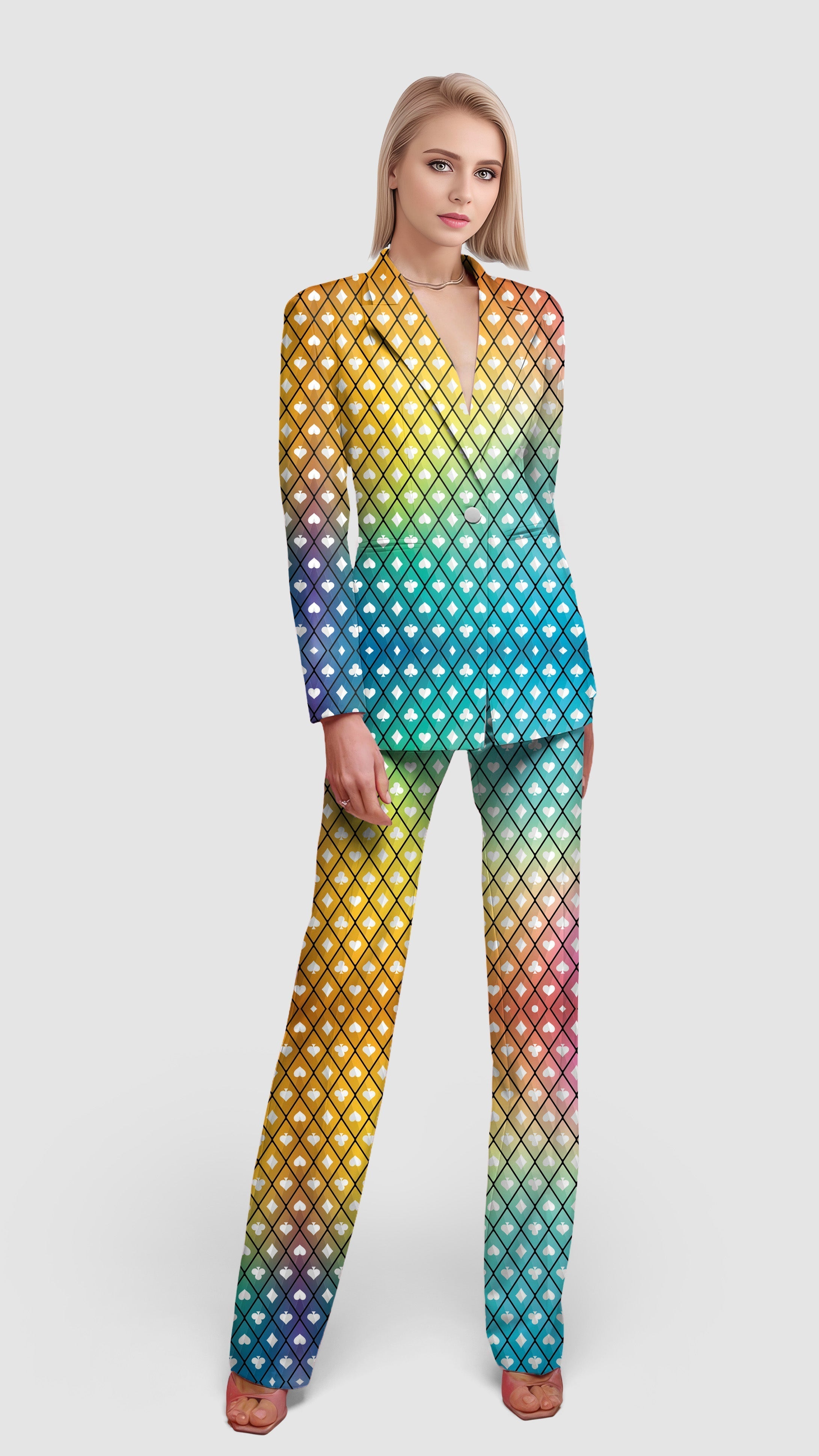 Women's poker and casino-themed colorful blazer suit set with diamond pattern and lapel collar