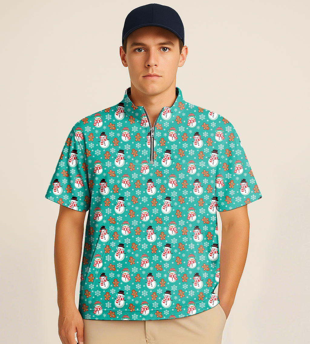 Male model wearing blue half zipper turtleneck golf shirt with gingerbread and snowman Christmas embroidery