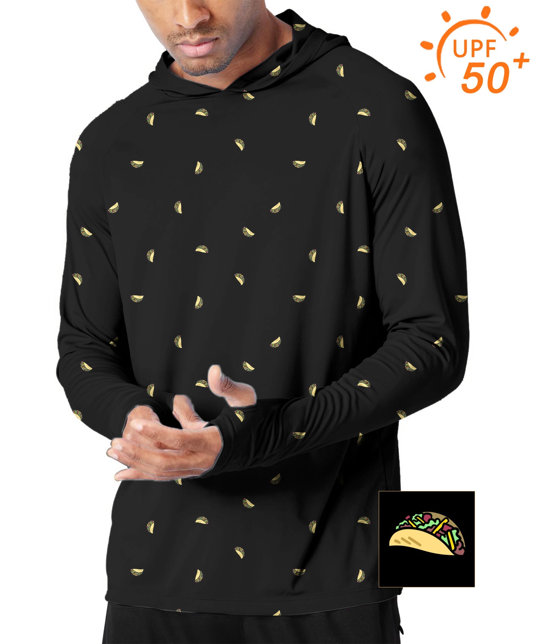 Men's Outdoor Taco Custom slim fit black hoodie with yellow taco print and UPF 50+ sun protection for outdoor sports