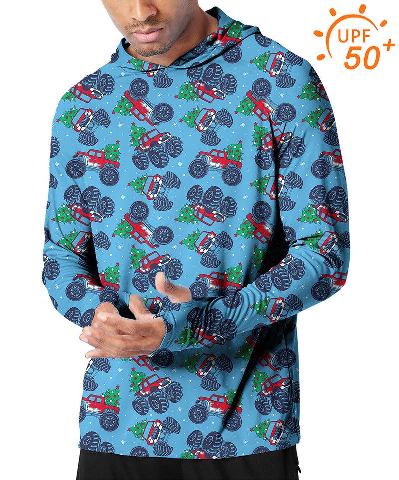 Men's outdoor Christmas truck print slim fit hoodie with UPF 50+ sun protection
