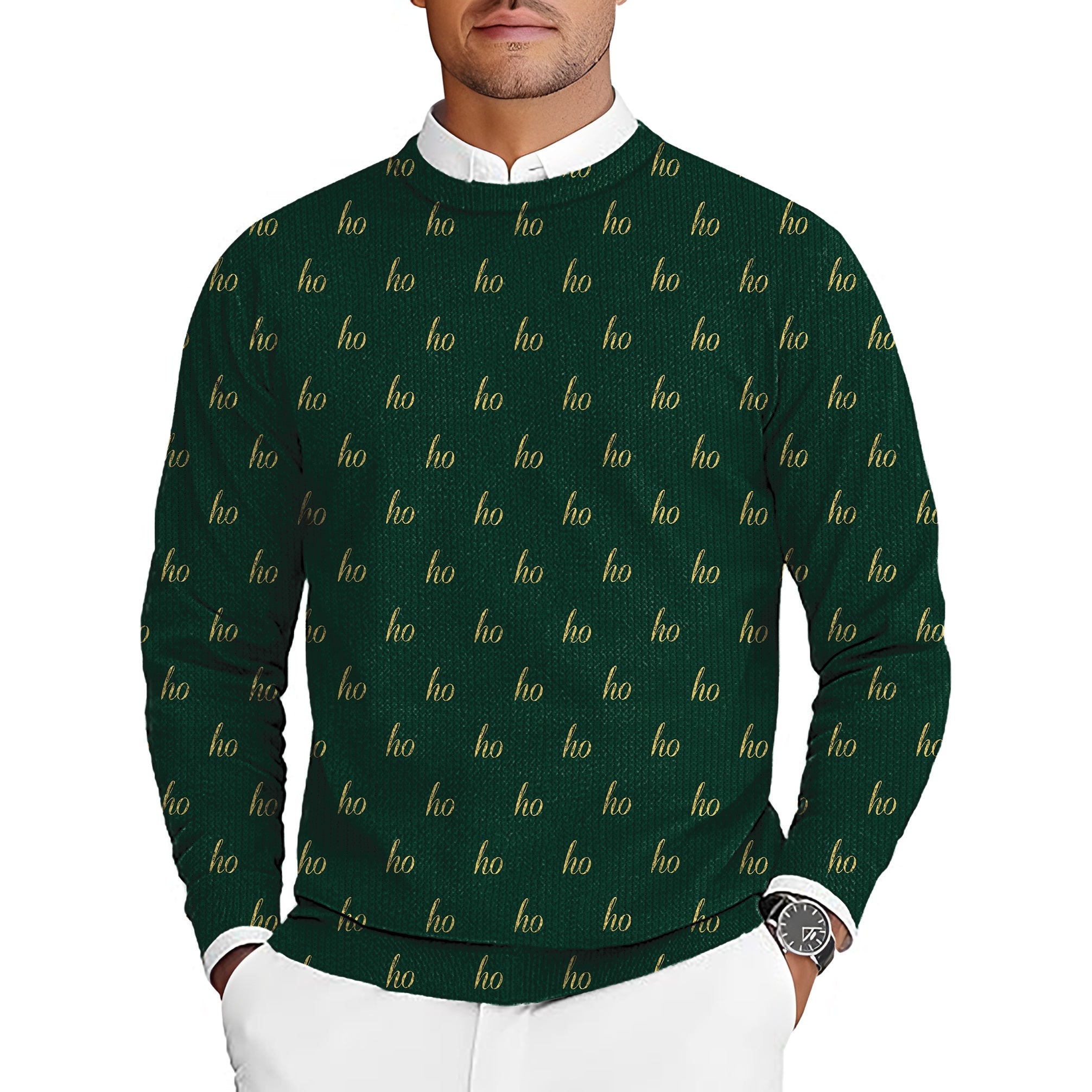 Dark green custom name men's Christmas golf crewneck pullover sweater with "ho" pattern