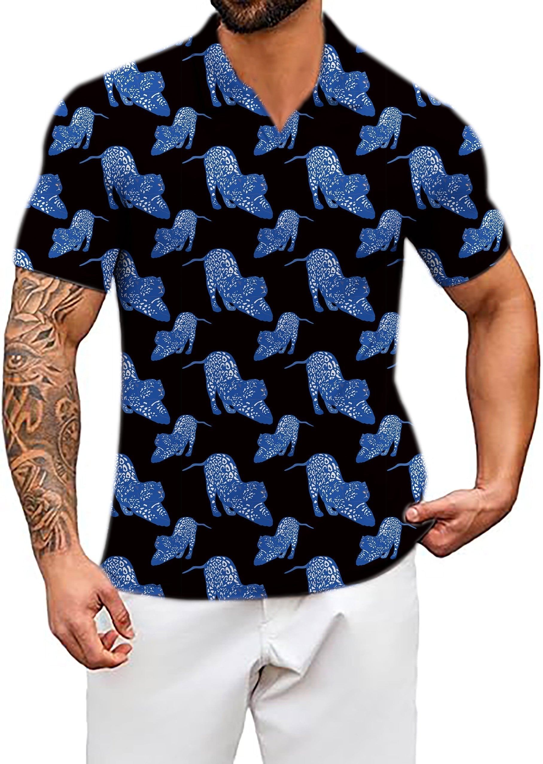 Men's Blue Jaguar V Neck Golf Polo Shirts