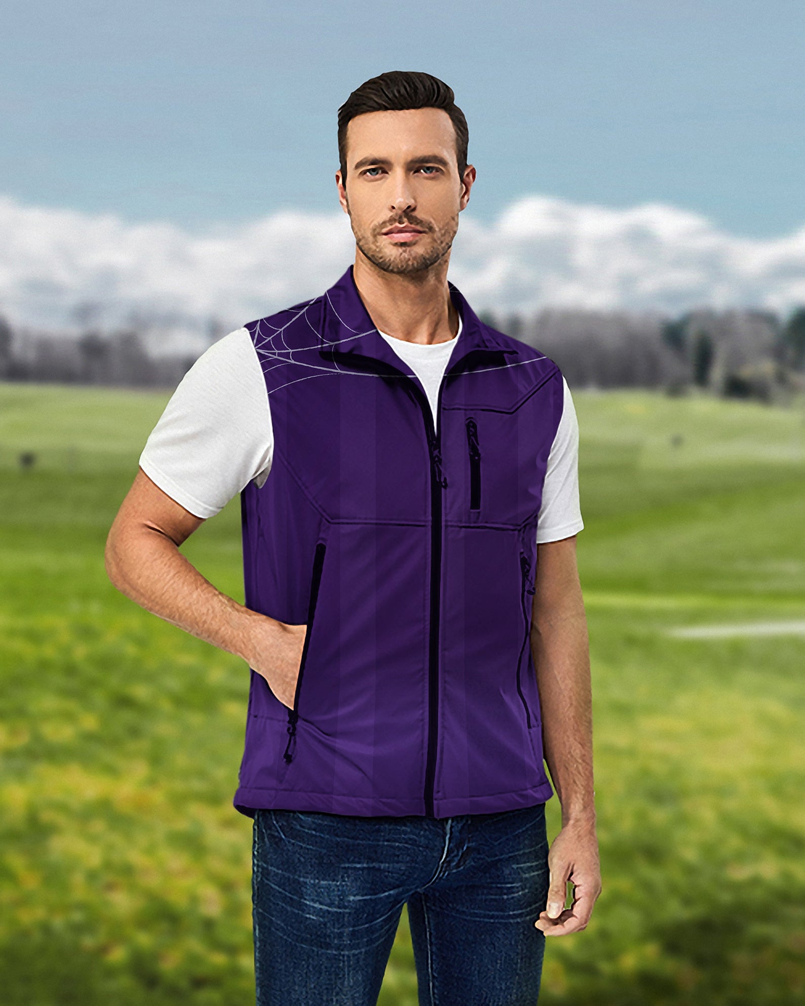 Men's Halloween purple spiderweb Lightweight Softshell Vest Sleeveless Jacket for Golf Windproof Waterproof