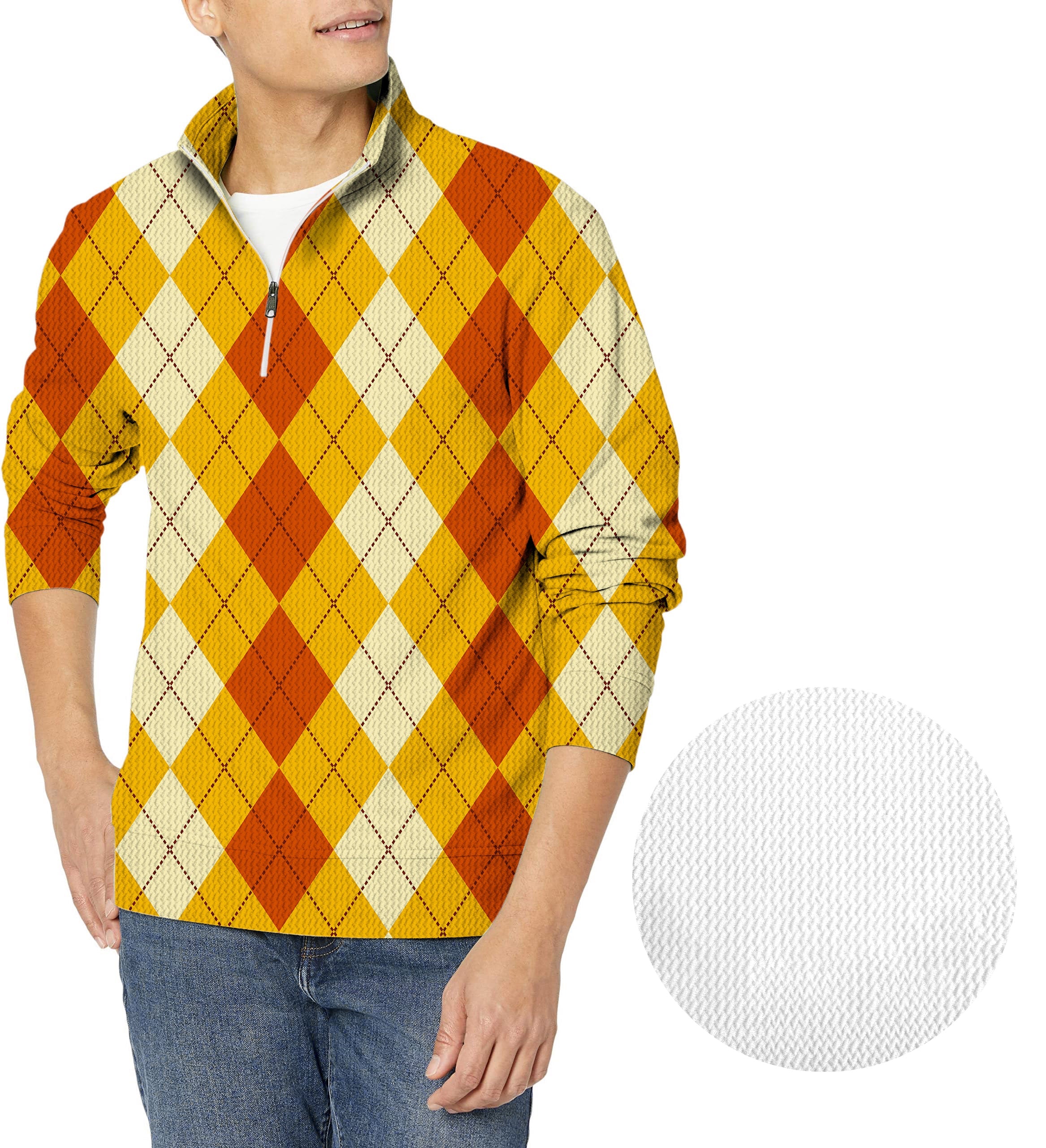 Halloween light yellow and red argyle men's golf waffle zipper pullover with customizable team logo and name