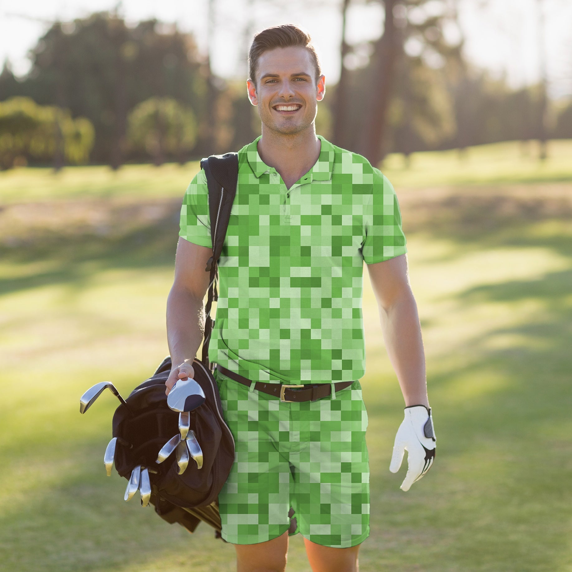 Men's golf set with light green pixel pattern polo and shorts, moisture-wicking, four-way stretch, wrinkle-resistant, UPF 40+ protection.