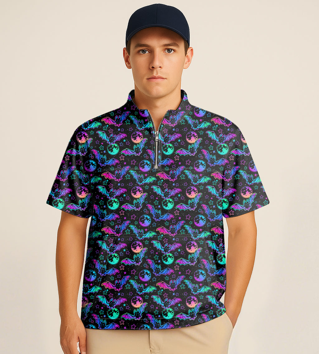 Half zipper turtleneck golf shirt with Halloween bat and moon embroidery design