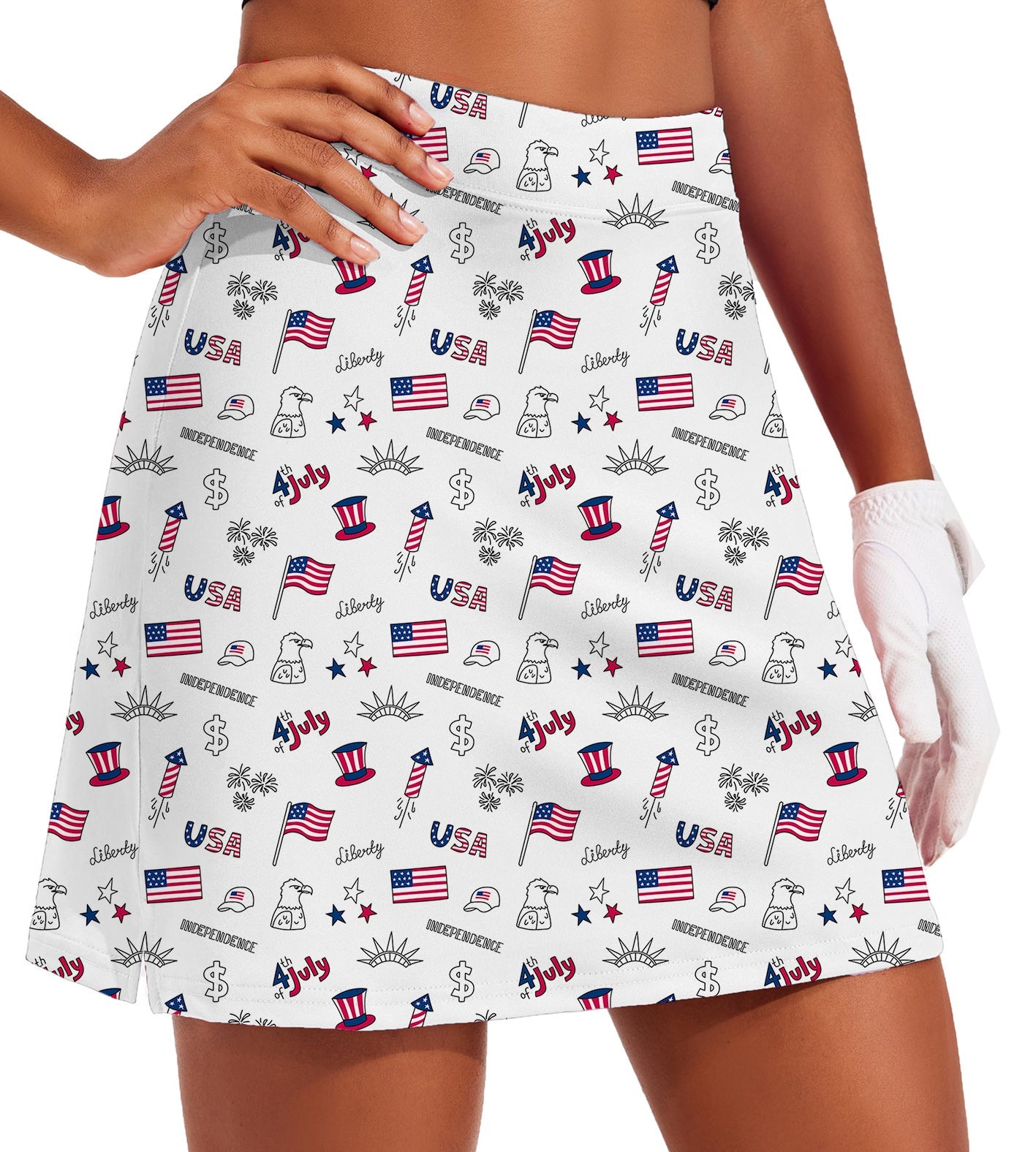 Women's American flag golf skirt with inner shorts and patriotic print including flags, eagles, and July 4th symbols