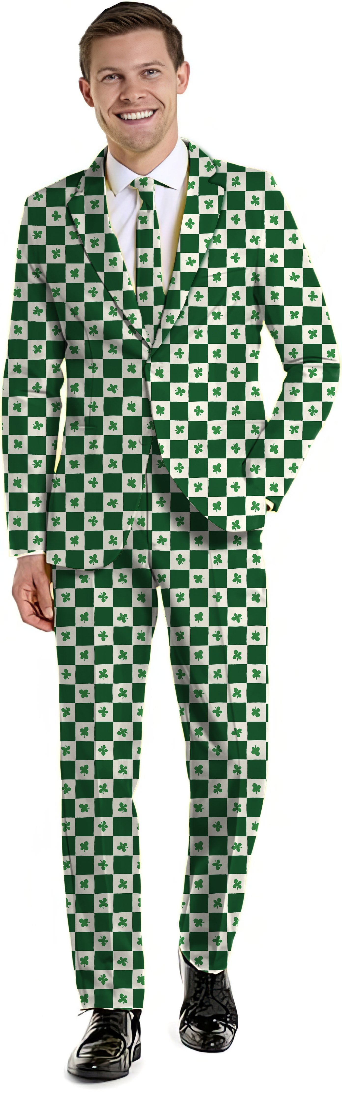 Men's St. Patrick's Day suit with leaf clover pattern blazer, pants, and vest set