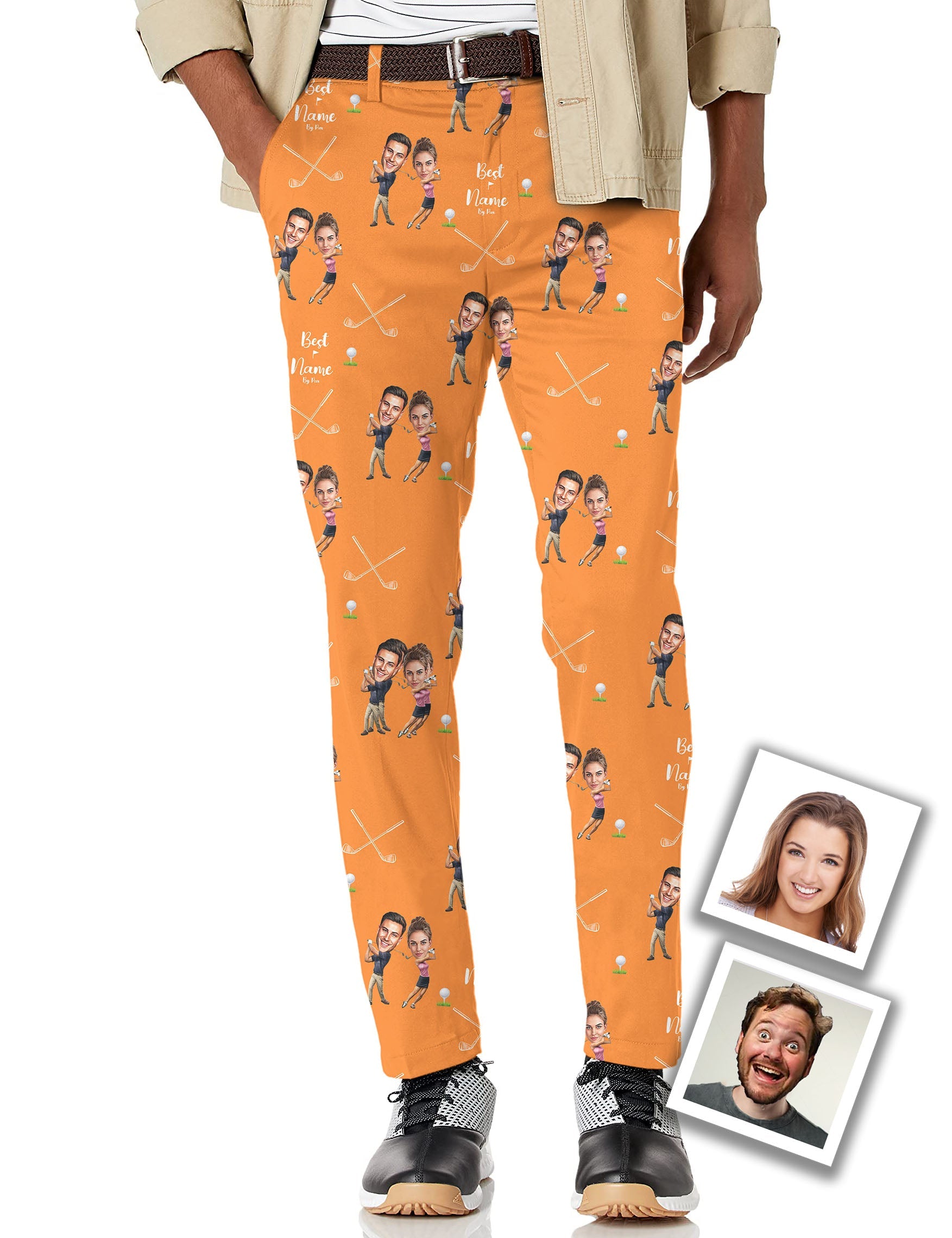 Men's custom couple photo face and name stretch golf pants in orange with cartoon couple design and golf motifs