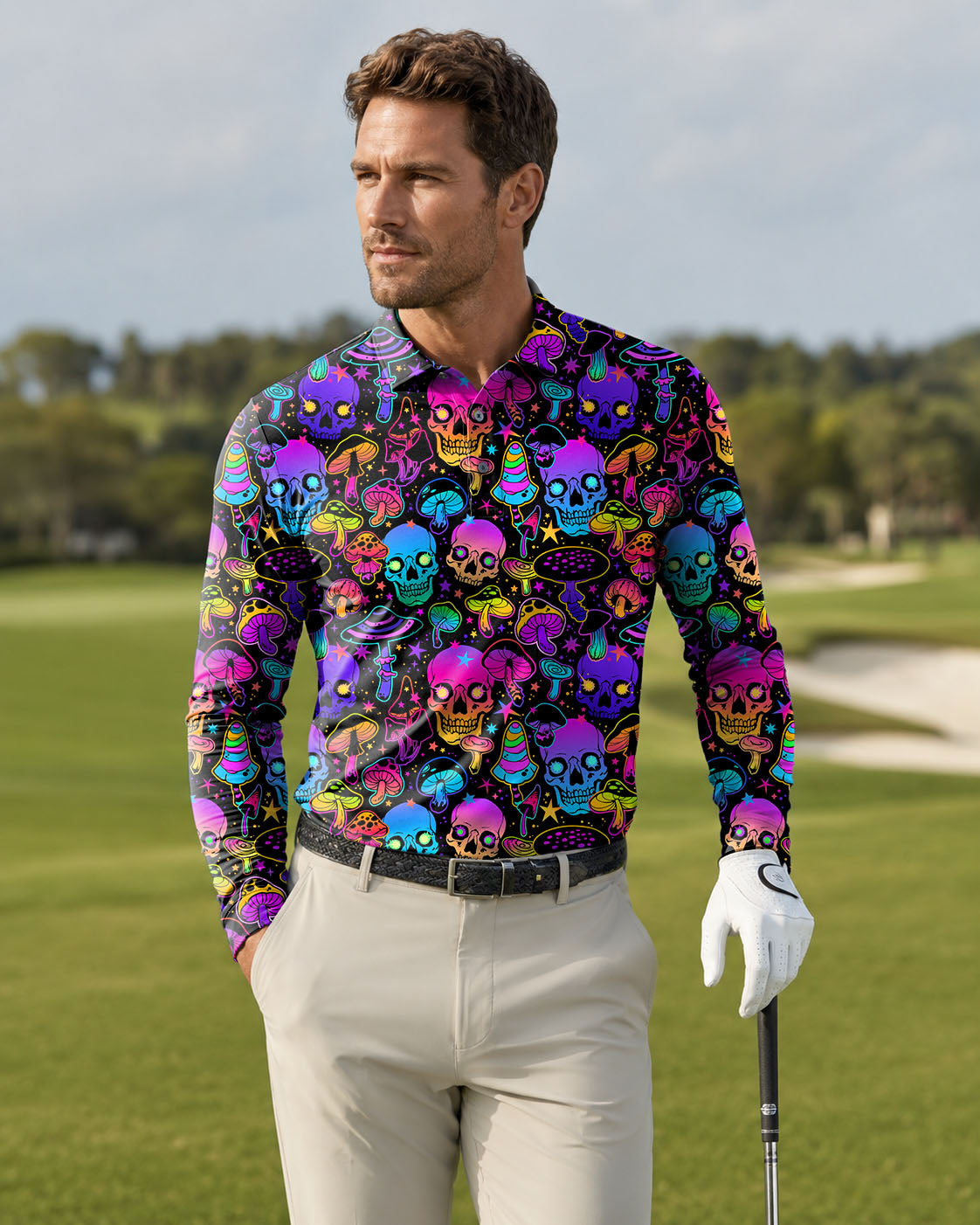 Men's neon skull golf Long-sleeved Polo