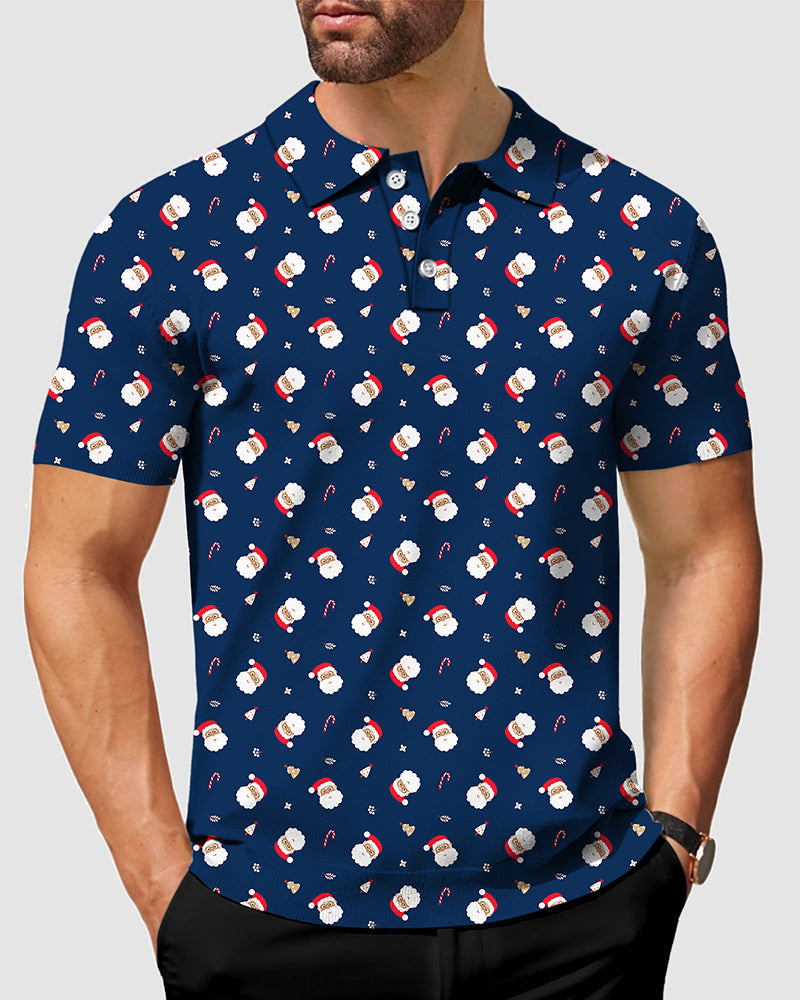 Men's Santa Claus Christmas candy cane print navy blue polo shirt with four-way stretch and moisture-wicking fabric