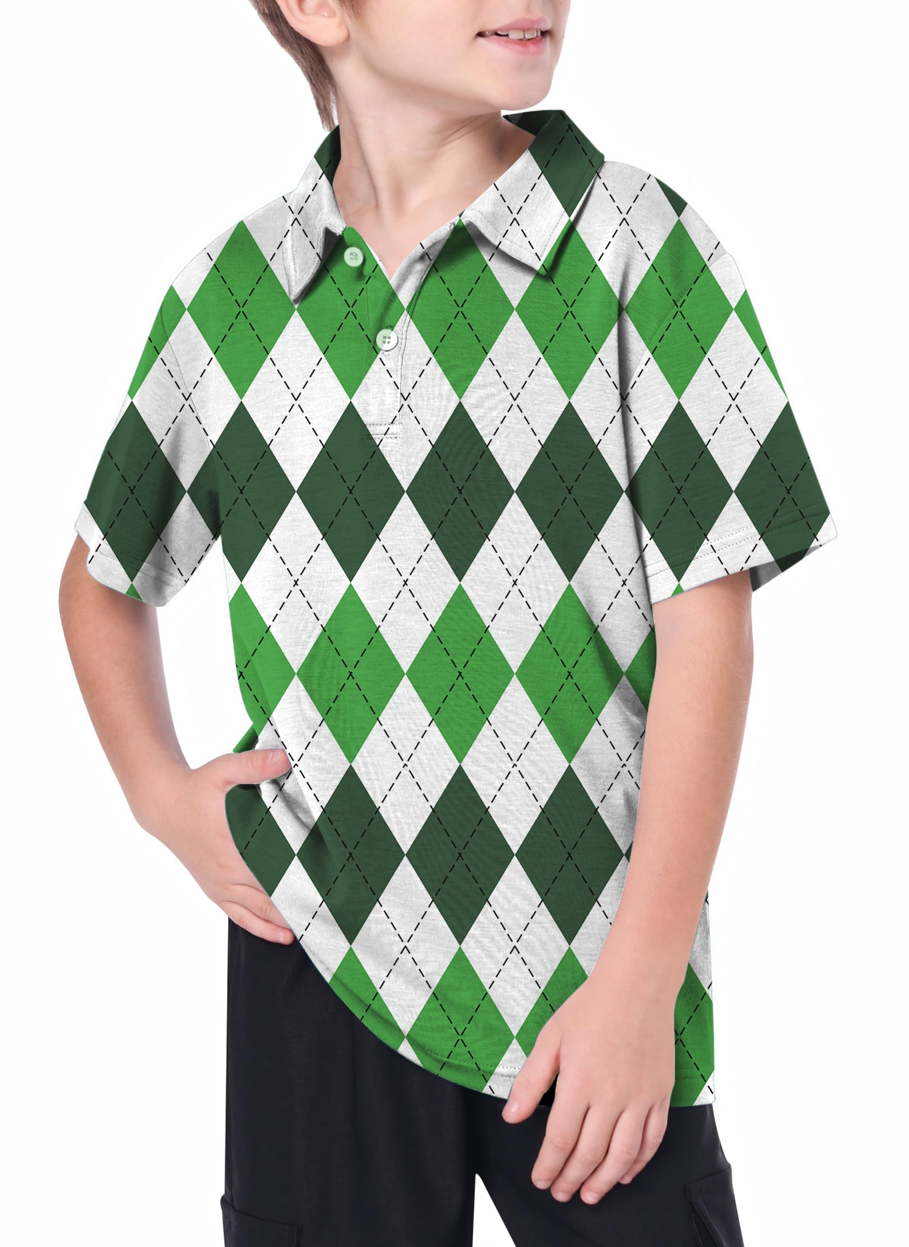 Youth St. Patricks day argyle plaid golf polo shirt for kids with green and white pattern