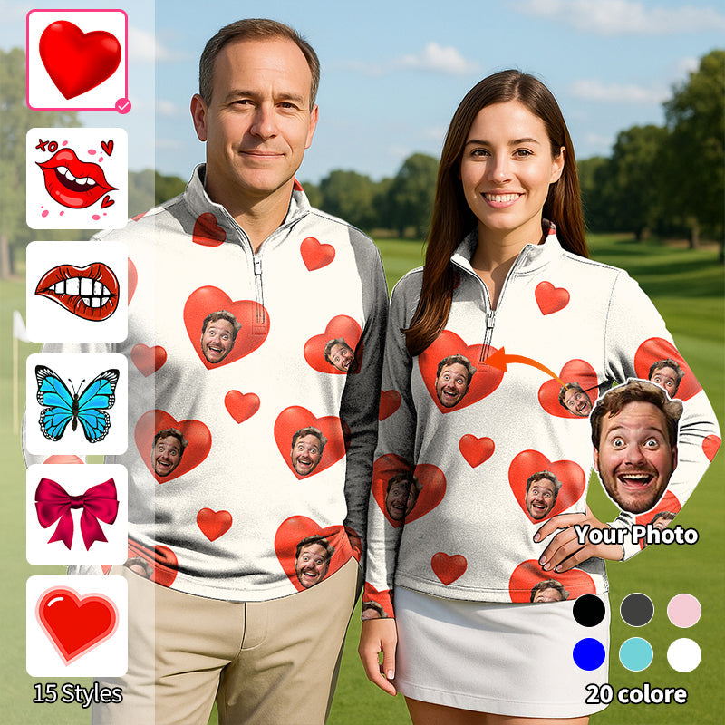Couple wearing Valentine's Day custom photo face active 3/4 zip tops with hearts and personalized faces on white golf long sleeves