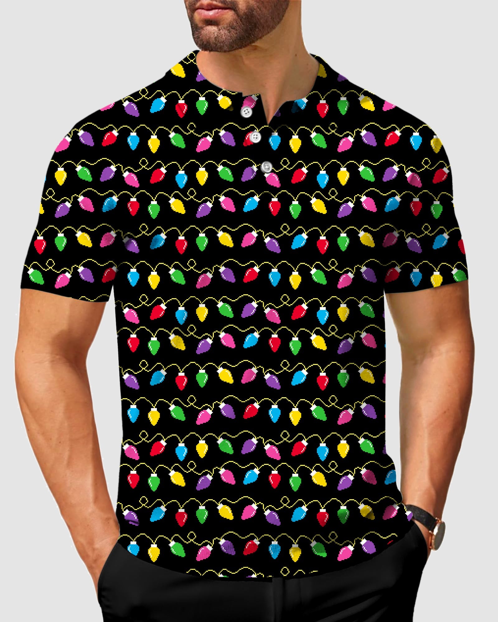 Men's Christmas Lights Polo shirt with colorful light bulb pattern on black background, short sleeves, classic fit, and stay-right collar.