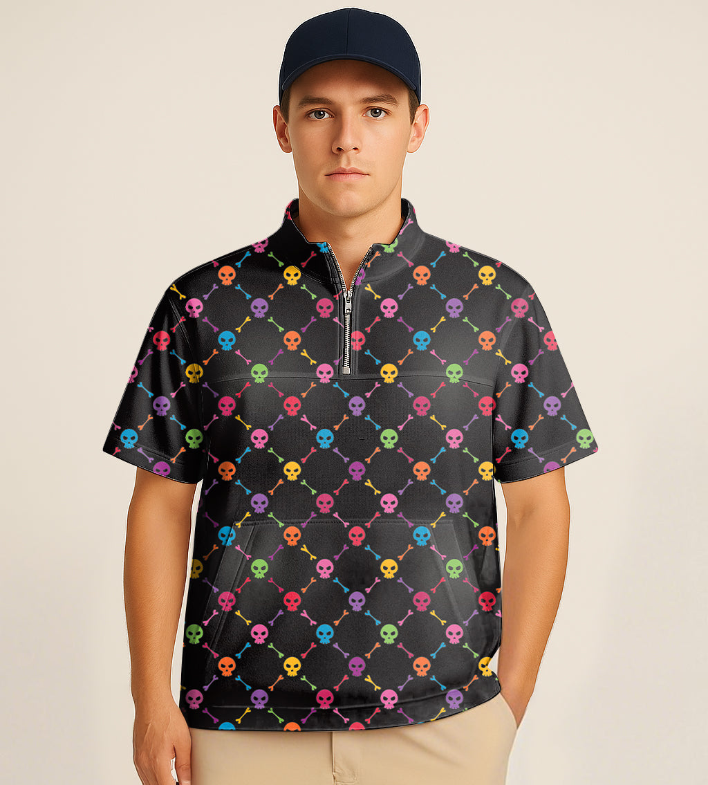 Half zipper turtleneck golf shirt with colorful skull bones embroidery in Halloween colors