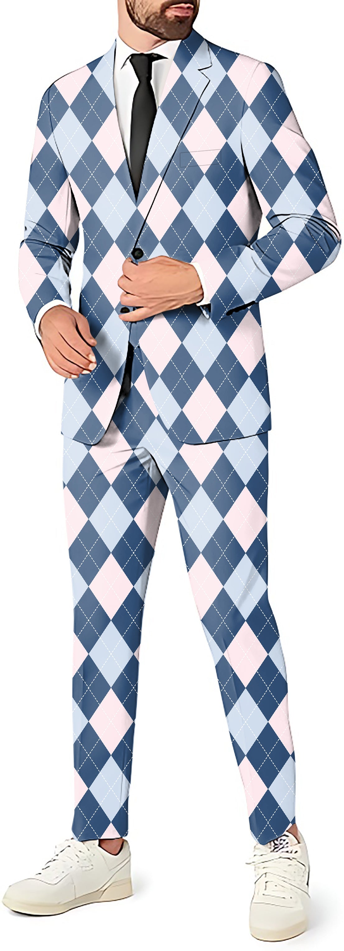 Blue Argyle men's party suit set with blazer, pants, and vest for theme parties