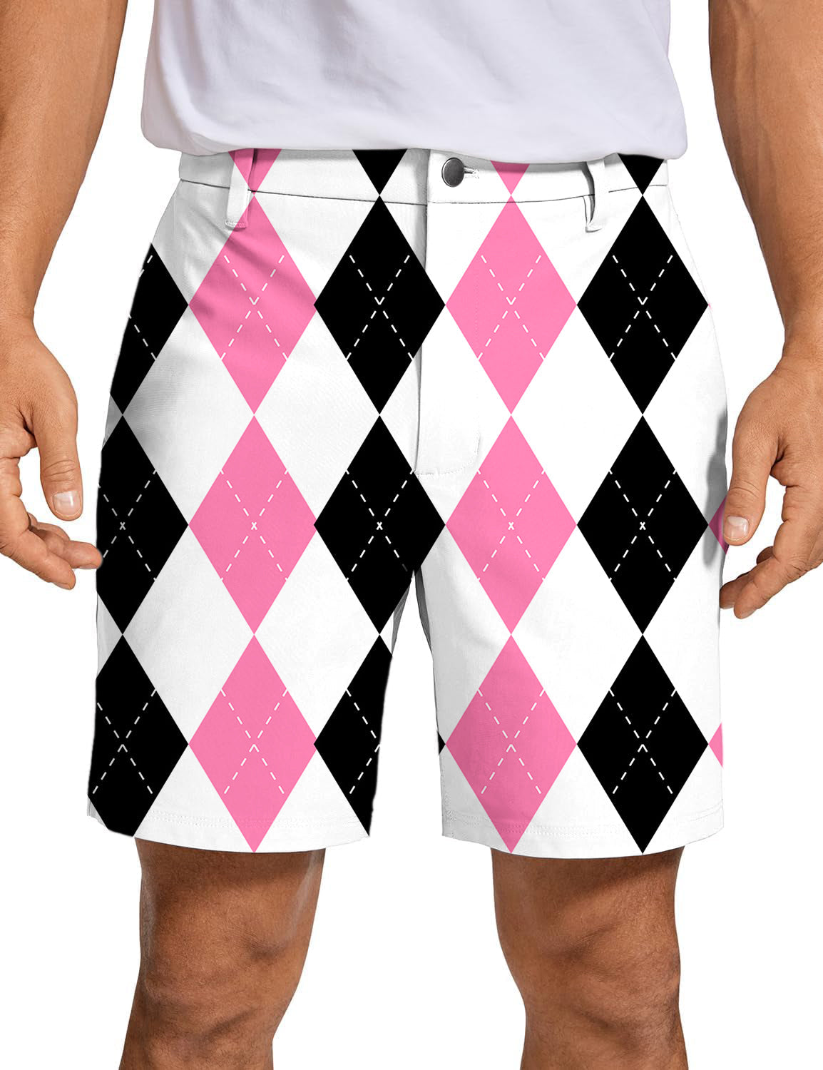 Men's golf shorts with pink and black argyle pattern, breathable and quick-dry fabric
