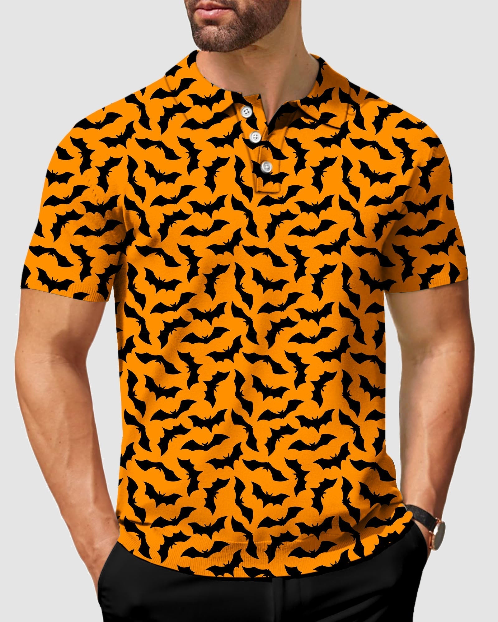 Men's Halloween Bat Custom orange polo shirt with black bat pattern, four-way stretch, moisture-wicking, wrinkle-resistant and UPF 40+ protection