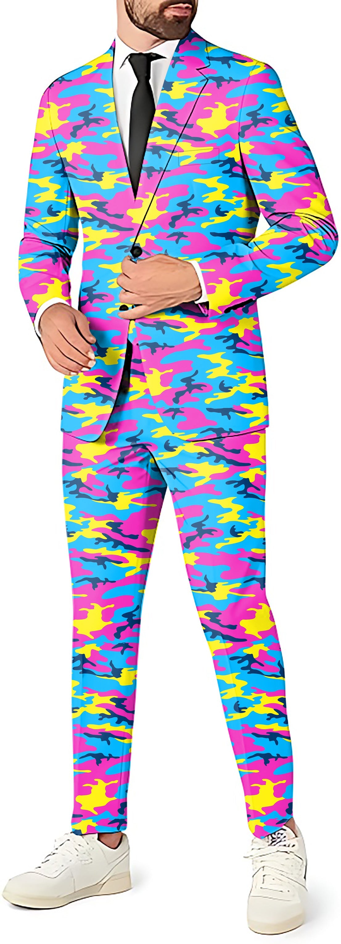 Neon camo men's party suit set with blazer, pants, and vest in vibrant pink, blue, and yellow colors